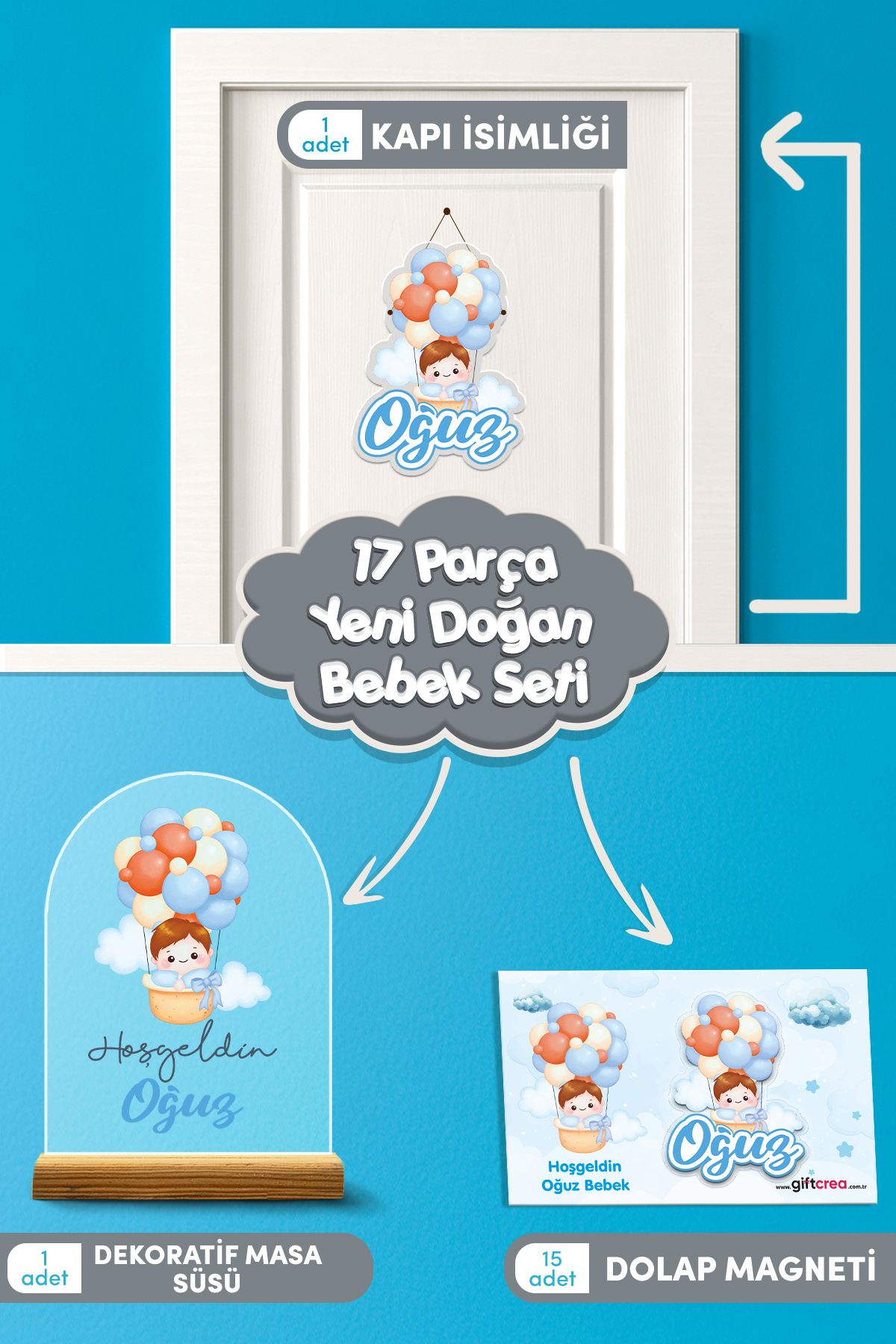 giftcrea Kişiye Özel Renkli Balon Temalı 17 Parça Yenidoğan Süs Seti - Kapı Süsü, Masa Süsü, Magnet