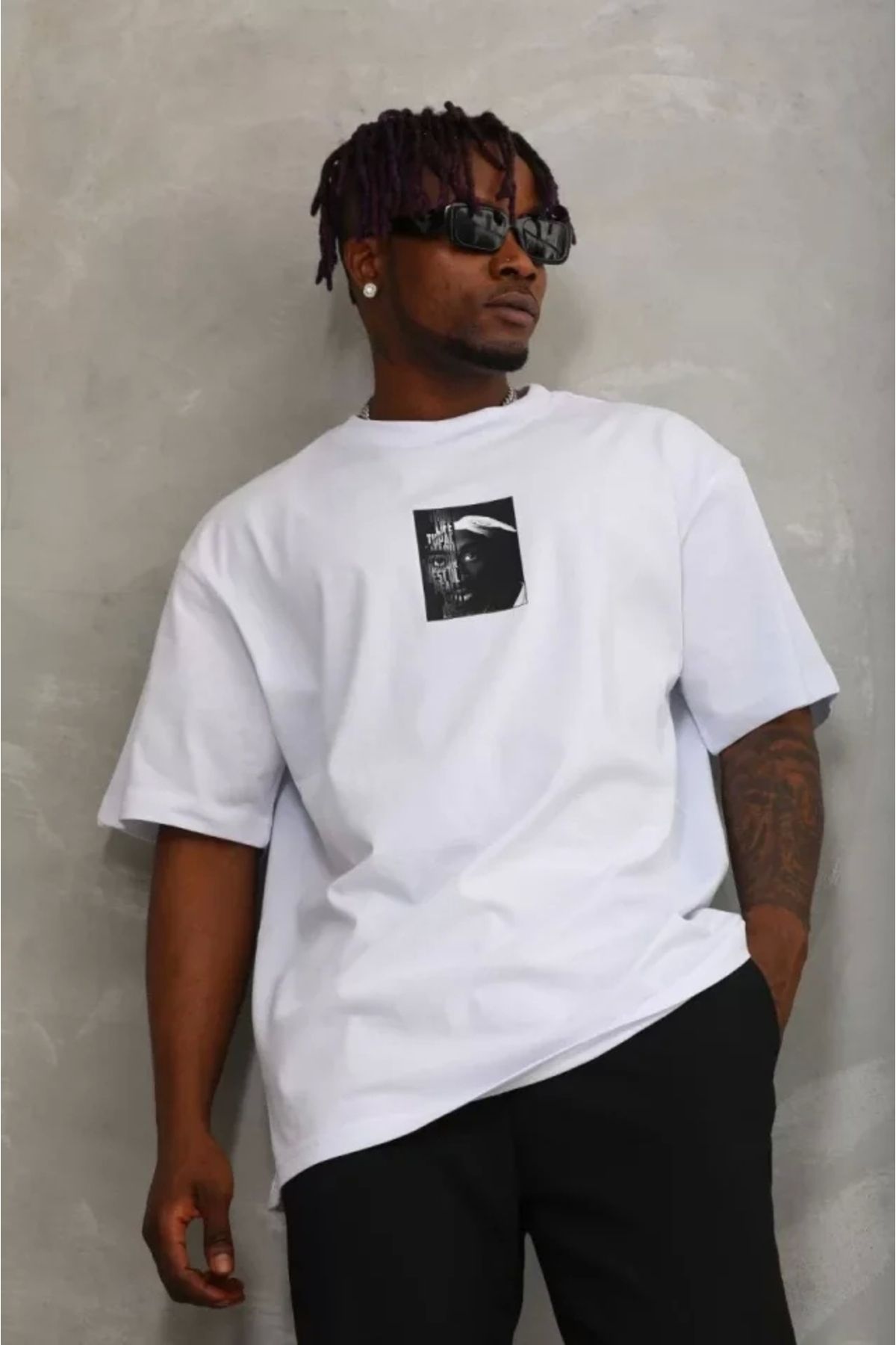 Silerra Unisex Oversize Baskılı Bisiklet Yaka T-Shirt - Beyaz