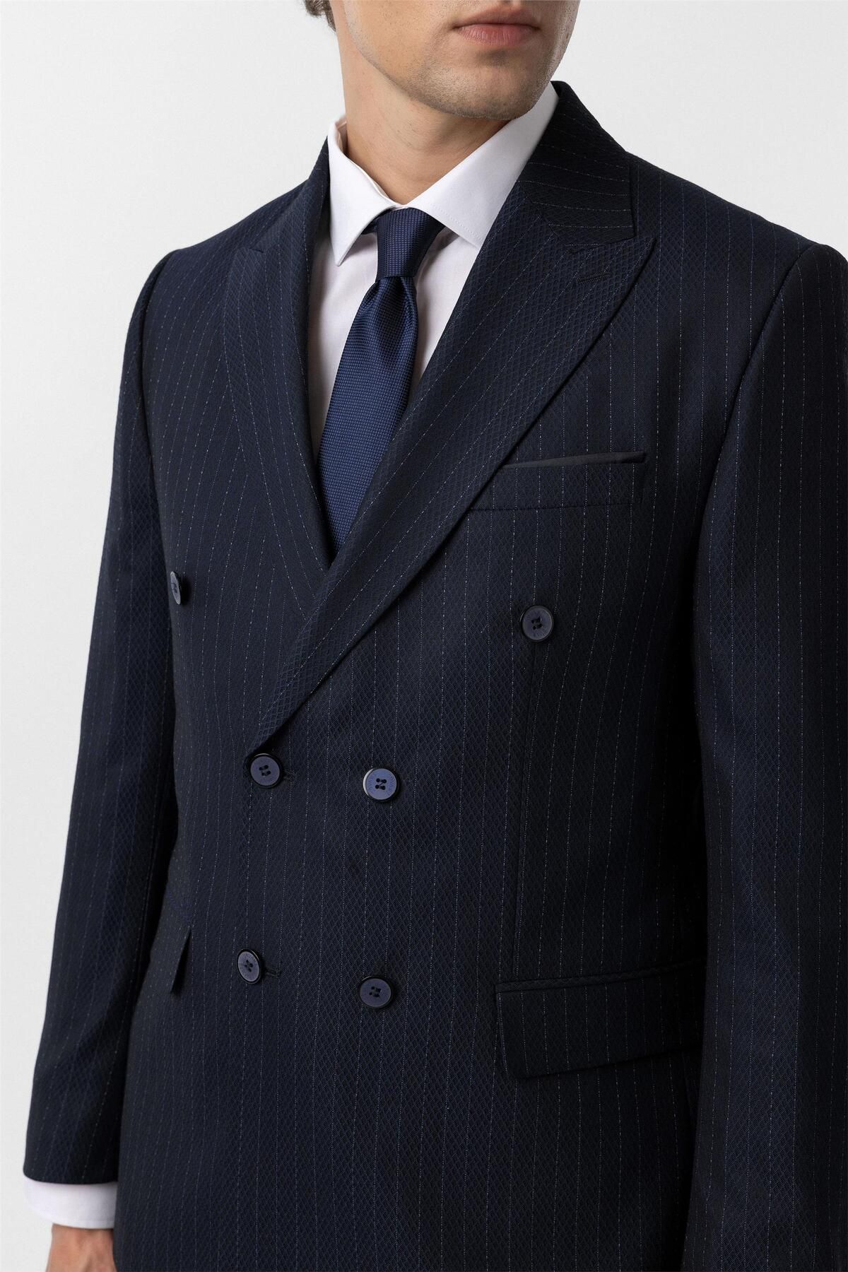 SÜVARİ-Süvari Slim Fit Navy Blue Double Breasted Striped Suit 5