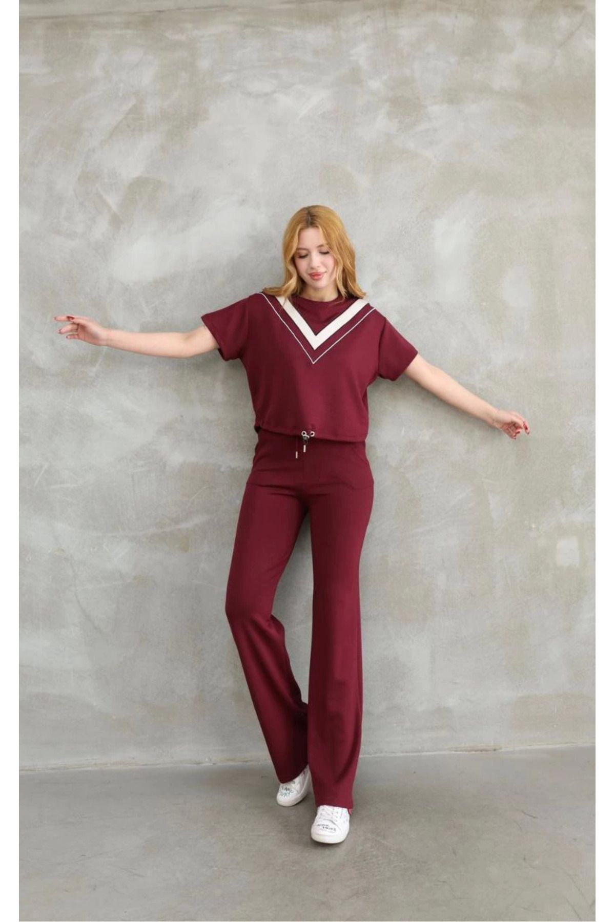 Pink Stil Osy Modal Yumuşak dokulu Kumaş Bisiklet Yaka Parçalı detaylı Kısa Kollu Takım - Bordo