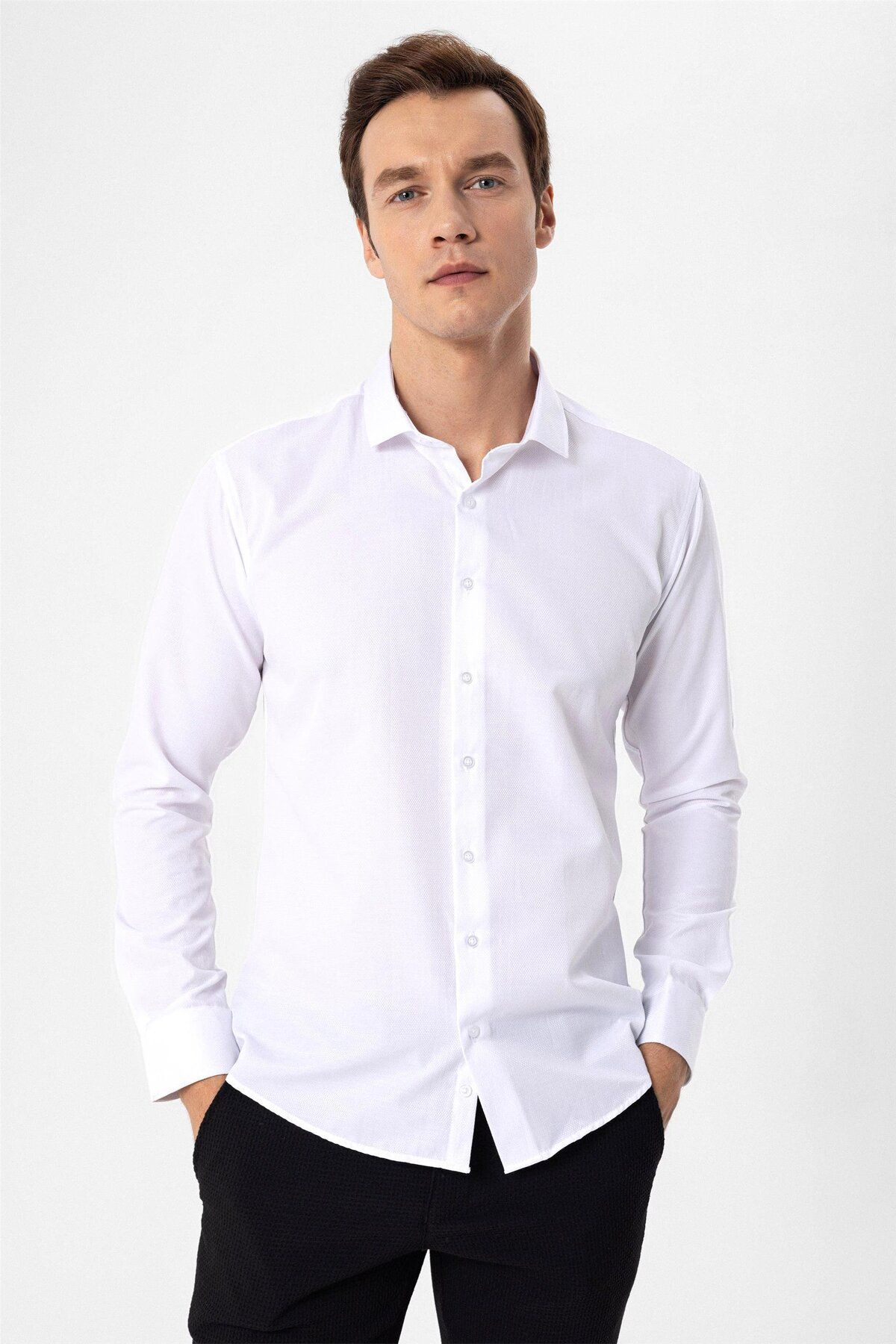 SÜVARİ Süvari Slim Fit Mikro Desenli Kolay Ütü Teri Emen Nefes Alan Kravat Yaka Dört Mevsim Erkek Gömlek