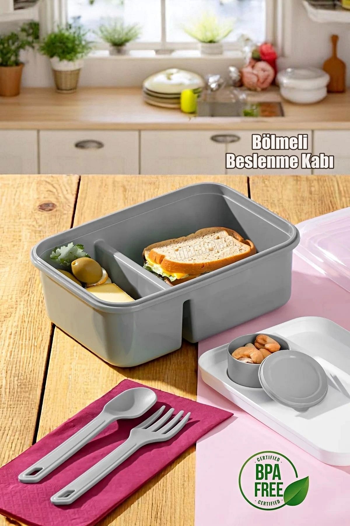 Tilbe Home Kendinden Kaşık Çatallı Sosluklu Bölmeli Beslenme Kabı - Taşınabilir Lunch Box Color