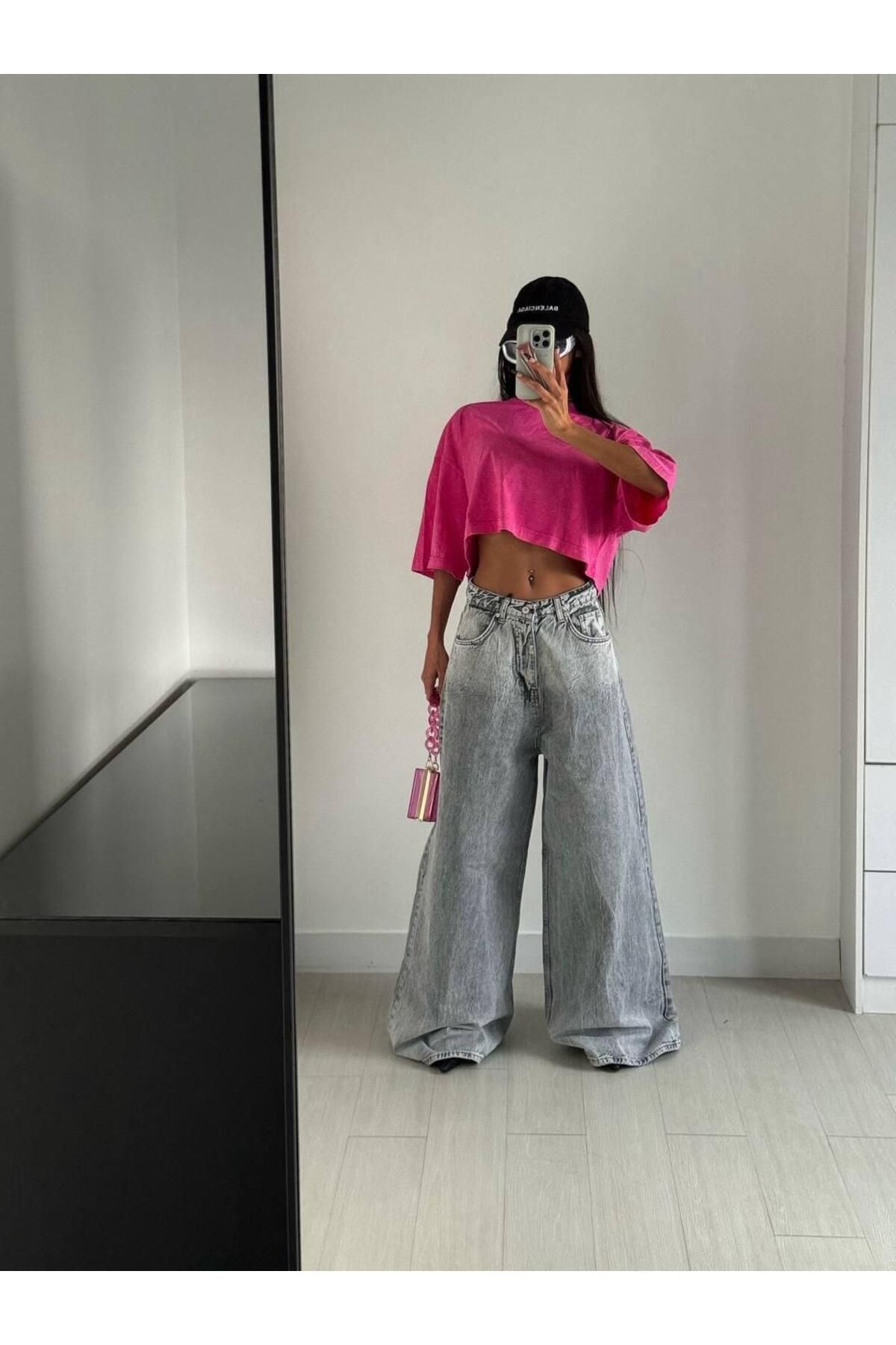 holmwear Gri Yıkamalı Bol Kesim Açık Gri Baggy Jean Pantolon