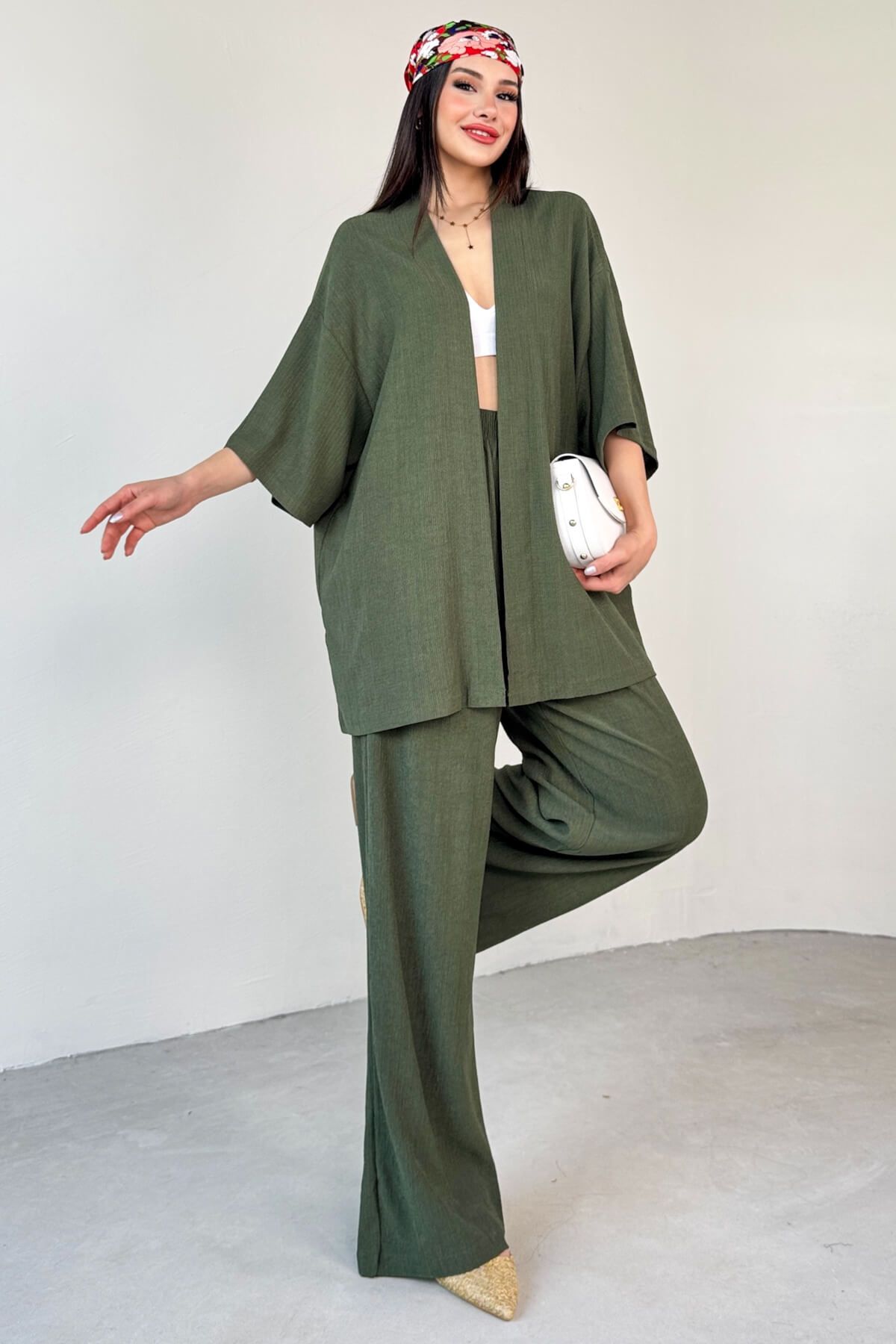 Cappmoda TKM-13297 Haki Modern Kesim Kimono & Salaş Pantolon Yazlık İkili Takım