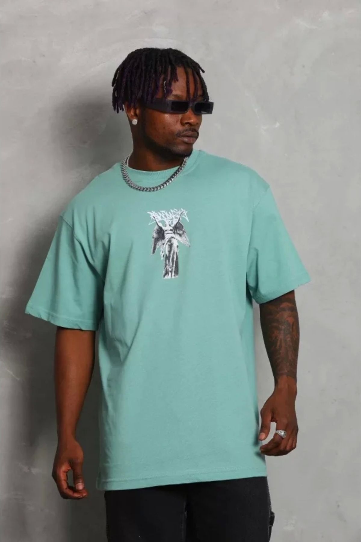 Silerra Unisex Oversize Baskılı Bisiklet Yaka T-Shirt - Mint Yeşili