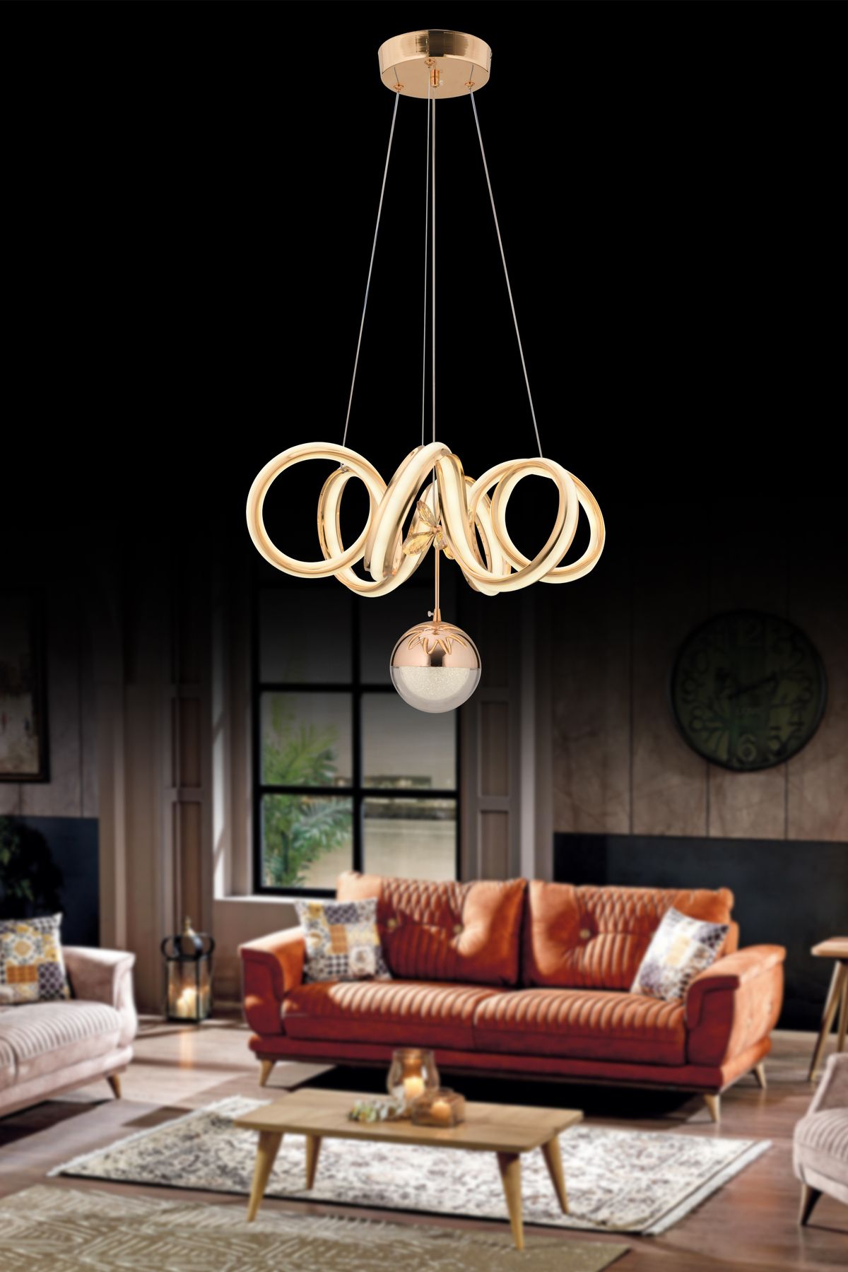 SEBA AYDINLATMA KUZEY YILDIZI GOLD KÜRE LED Kumandalı (Beyaz, Sarı, Gün Işığı) Salon Oturma Odası Avize SB-LD-559
