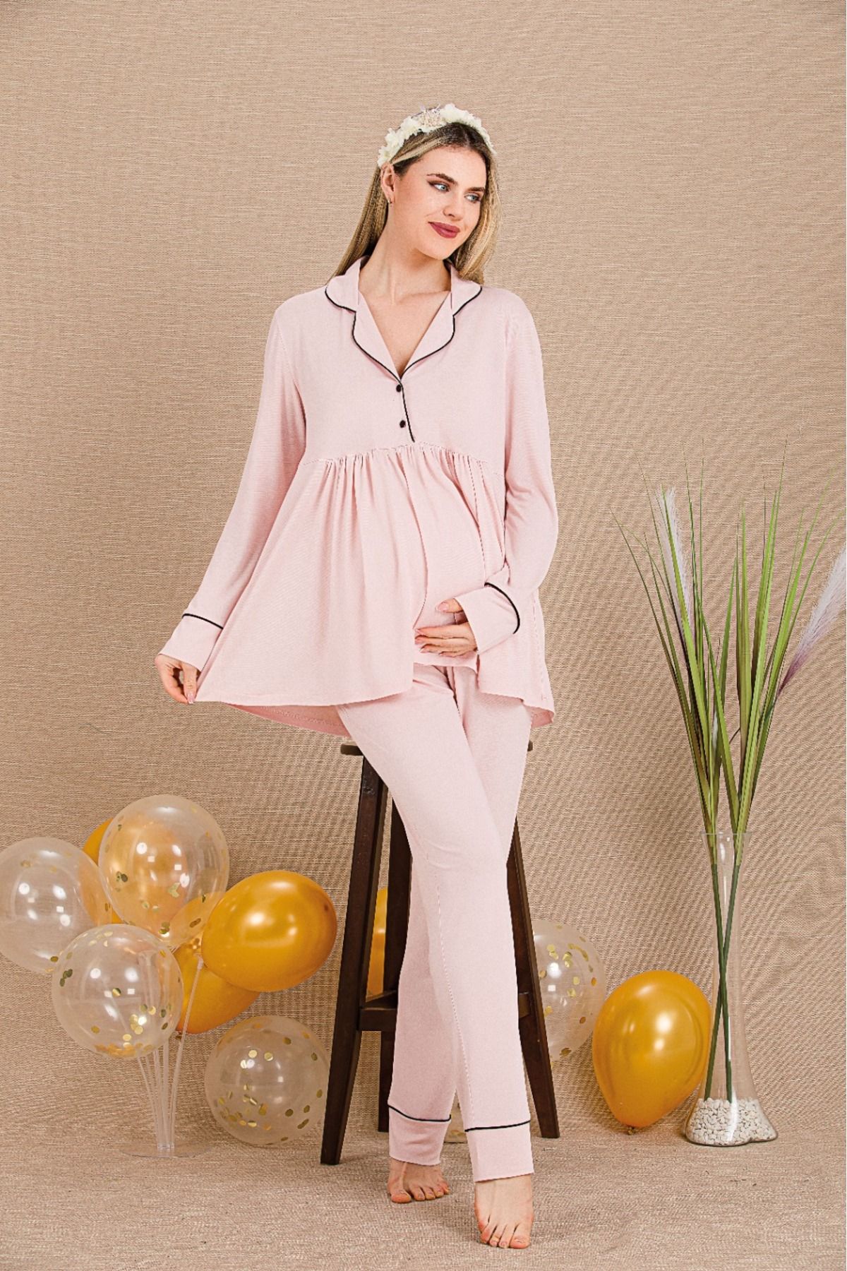 Lady Lingerie Uzun Kollu,Gömlek Yakalı Lohusa-Hamile Pijama Takımı