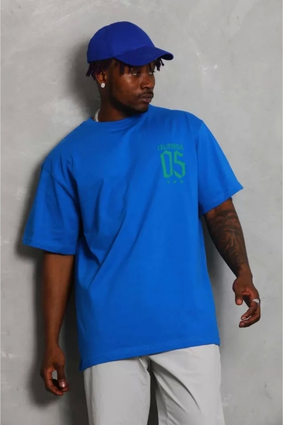 Silerra Unisex Oversize Baskılı Bisiklet Yaka T-Shirt - Mavi