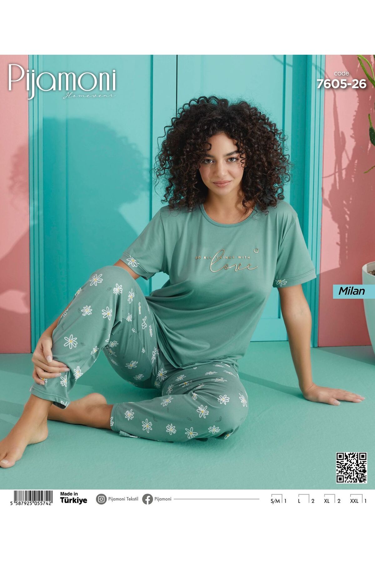 Pijamoni Bambu Milan Kumaş Yeşil Renkli Sıfır Yaka Kısa Kollu Kadın Pijama Takımı
