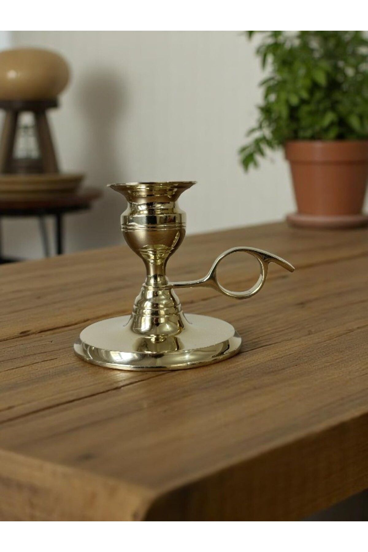 BRONZE ŞAMDAN Pirinç Döküm El Şamdanı Orta Boy Yüzük Kulp 8 x h.8 cm