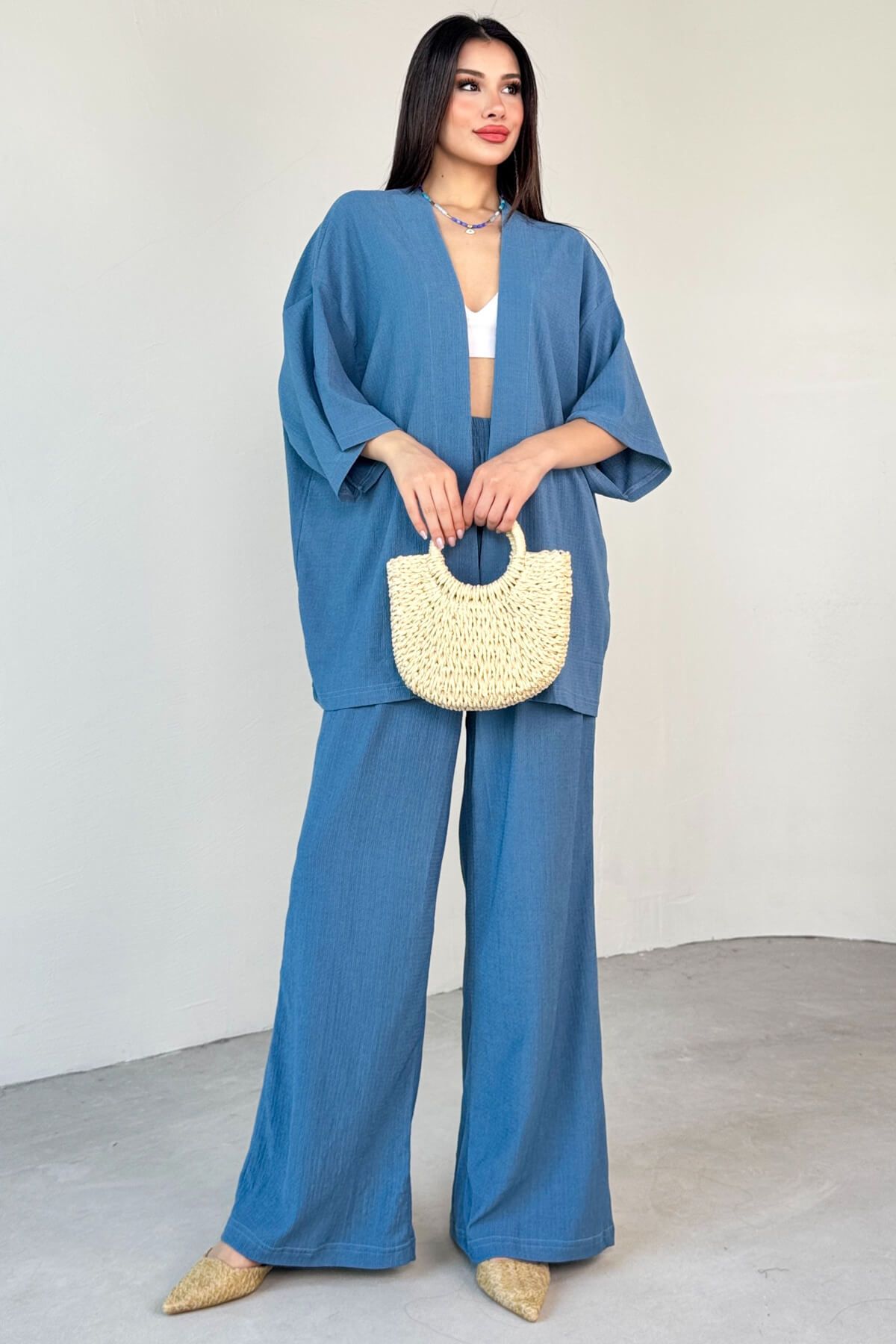 Cappmoda TKM-13297 Mavi Modern Kesim Kimono & Salaş Pantolon Yazlık İkili Takım