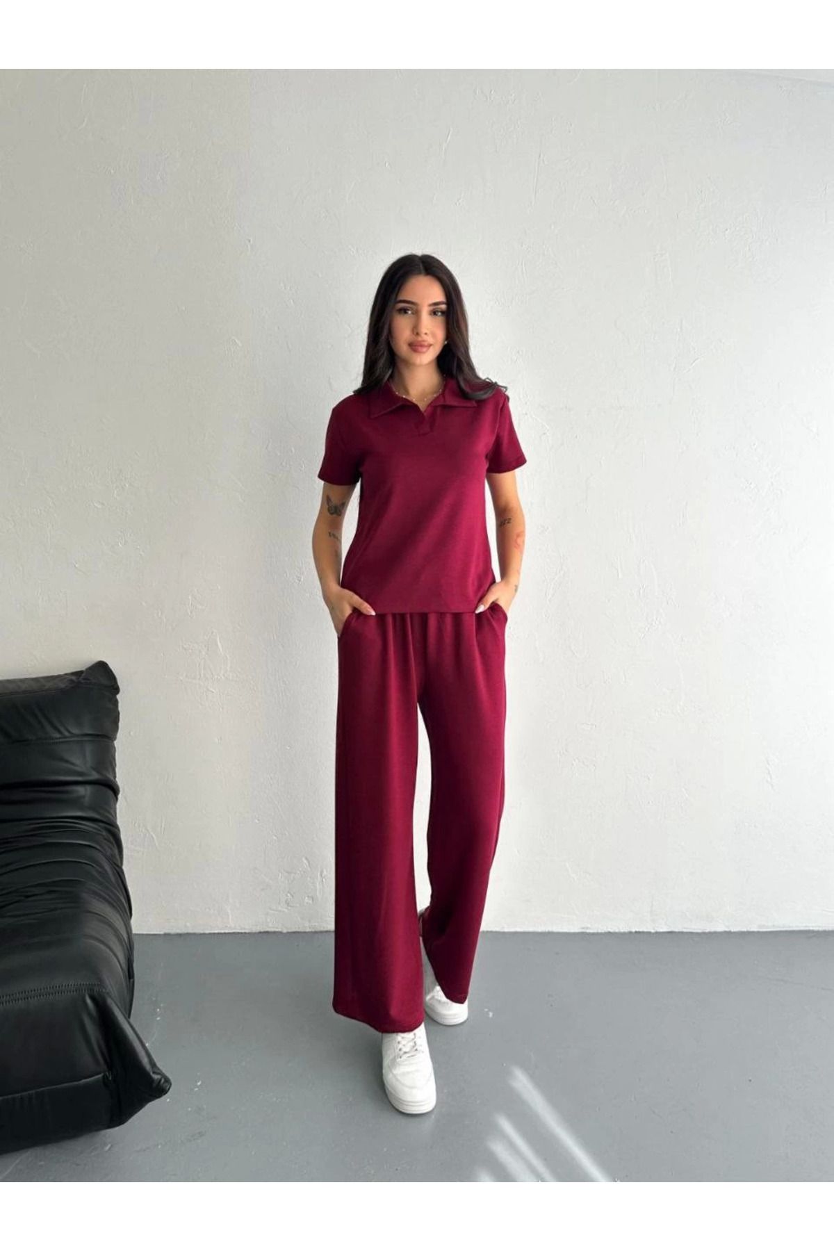 Kadınle Osy Modal Yumuşak Dokulu Kumaş Kısa Kollu Yakalı T-shirt Pantalon ikili Takım- Bordo