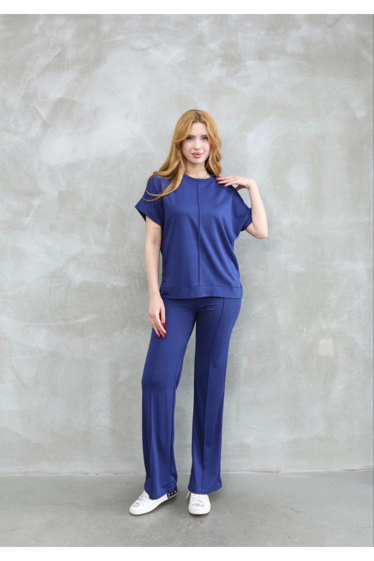 Pink Stil Osy Modal Yumuşak dokulu Kumaş Bisiklet Yaka Kısa Kollu Takım - Lacivert