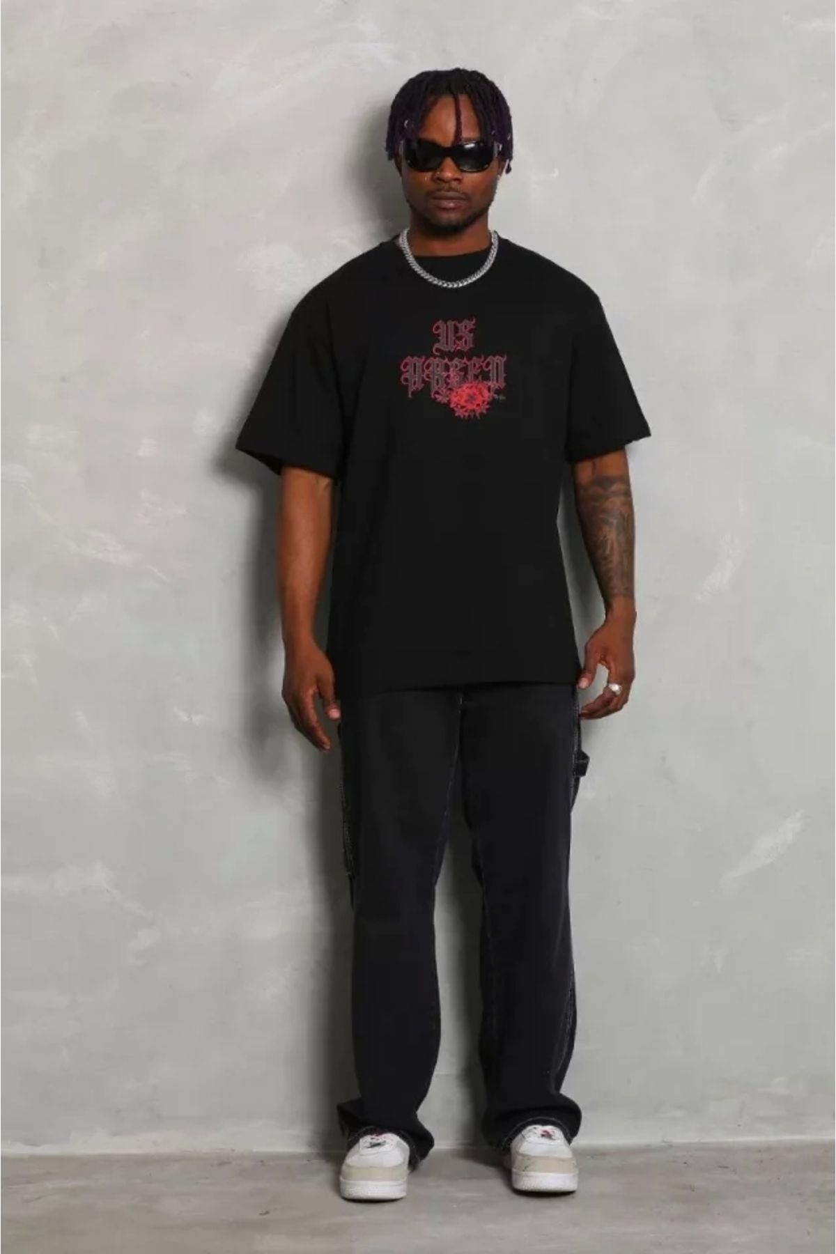 Silerra Unisex Oversize Baskılı Bisiklet Yaka T-Shirt - Siyah