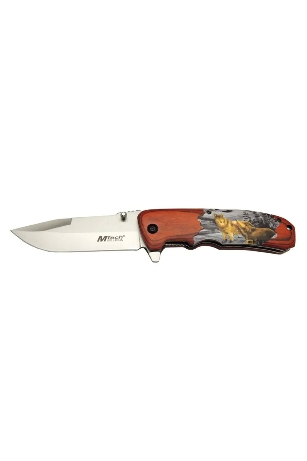 ShopNova Y 12k Kahverengi Kamp Çakı 21,5cm - Yarı Otomatik, Kemerlikli, Kurt Baskılı Ahşap Sap