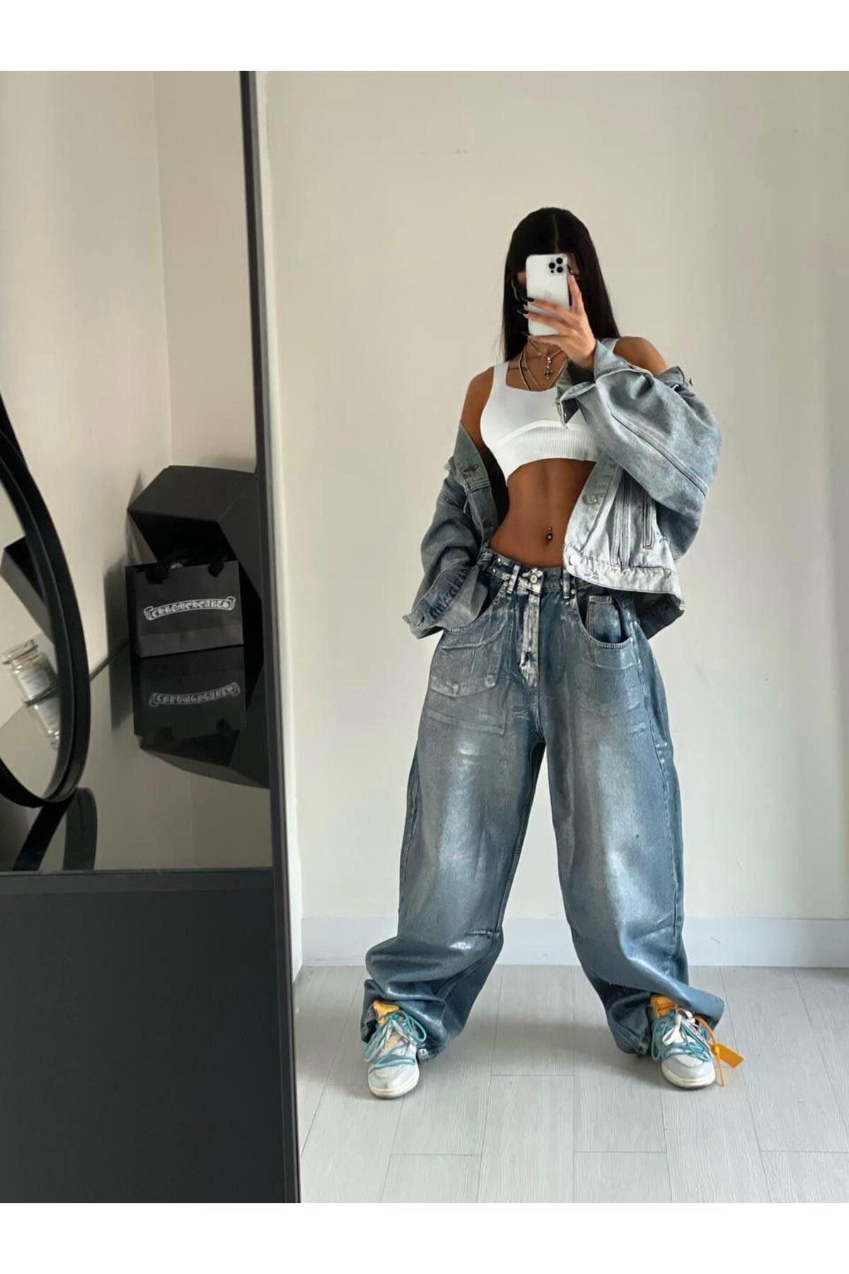 holmwear Metalik Mavi Parlak Denim Düşük Bel Bol Paça Baggy Jean Pantolon
