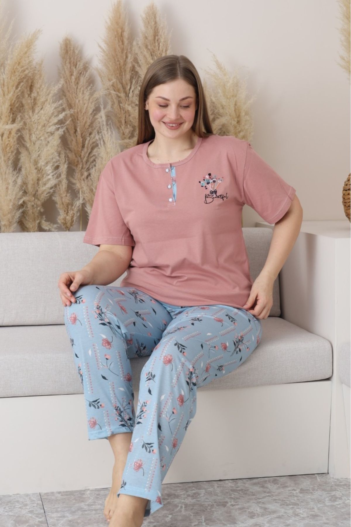 Farya Home X-Dreamy Büyük Beden Pamuklu Düğmeli Yaka Kısa Kollu Penye Pijama Takımı