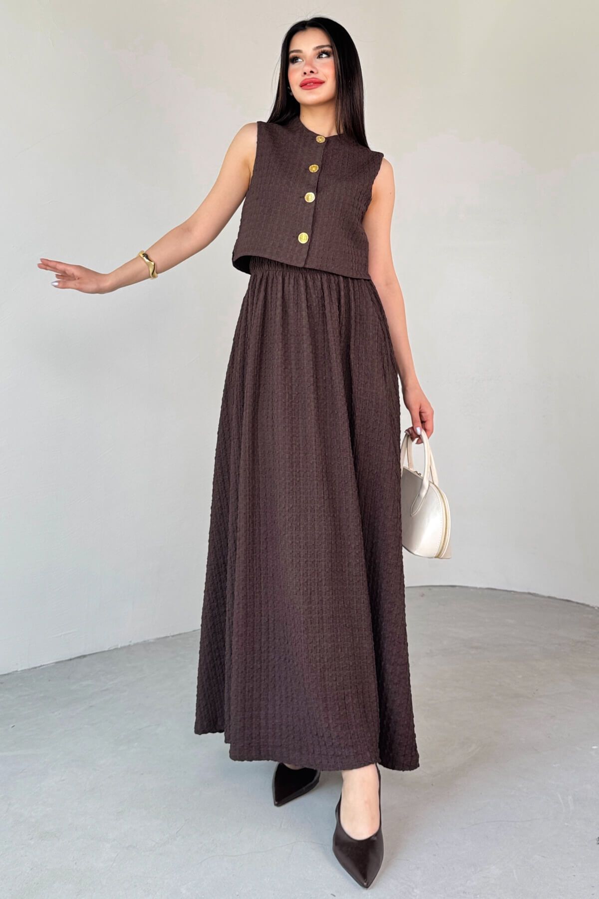 Cappmoda TKM-13295 Kahverengi Bürümcük Kumaş Astarlı Yelek & Etek İkili Takım