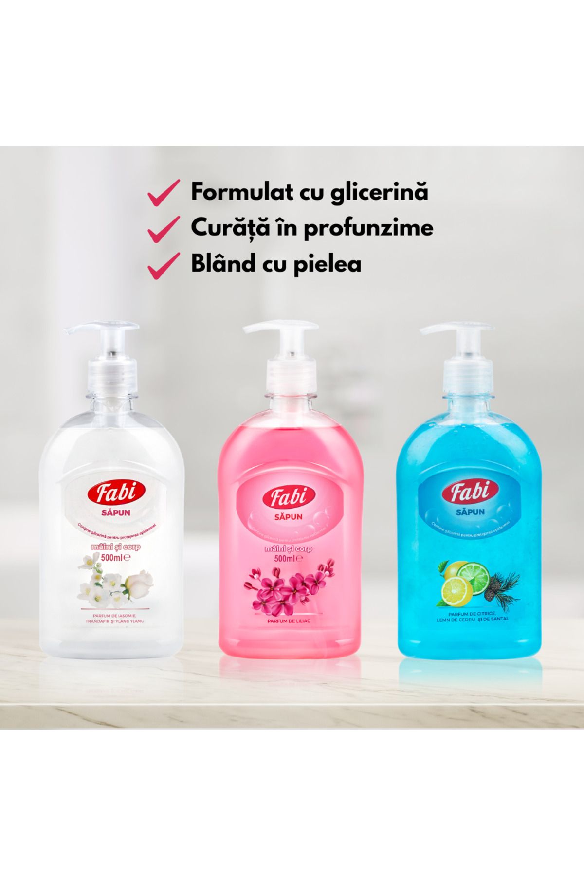 FABI-Pachet 3 X Sapun Lichid, , 3 X 500ml, Cu Pompita, Alb, Roz Si Albastru 4