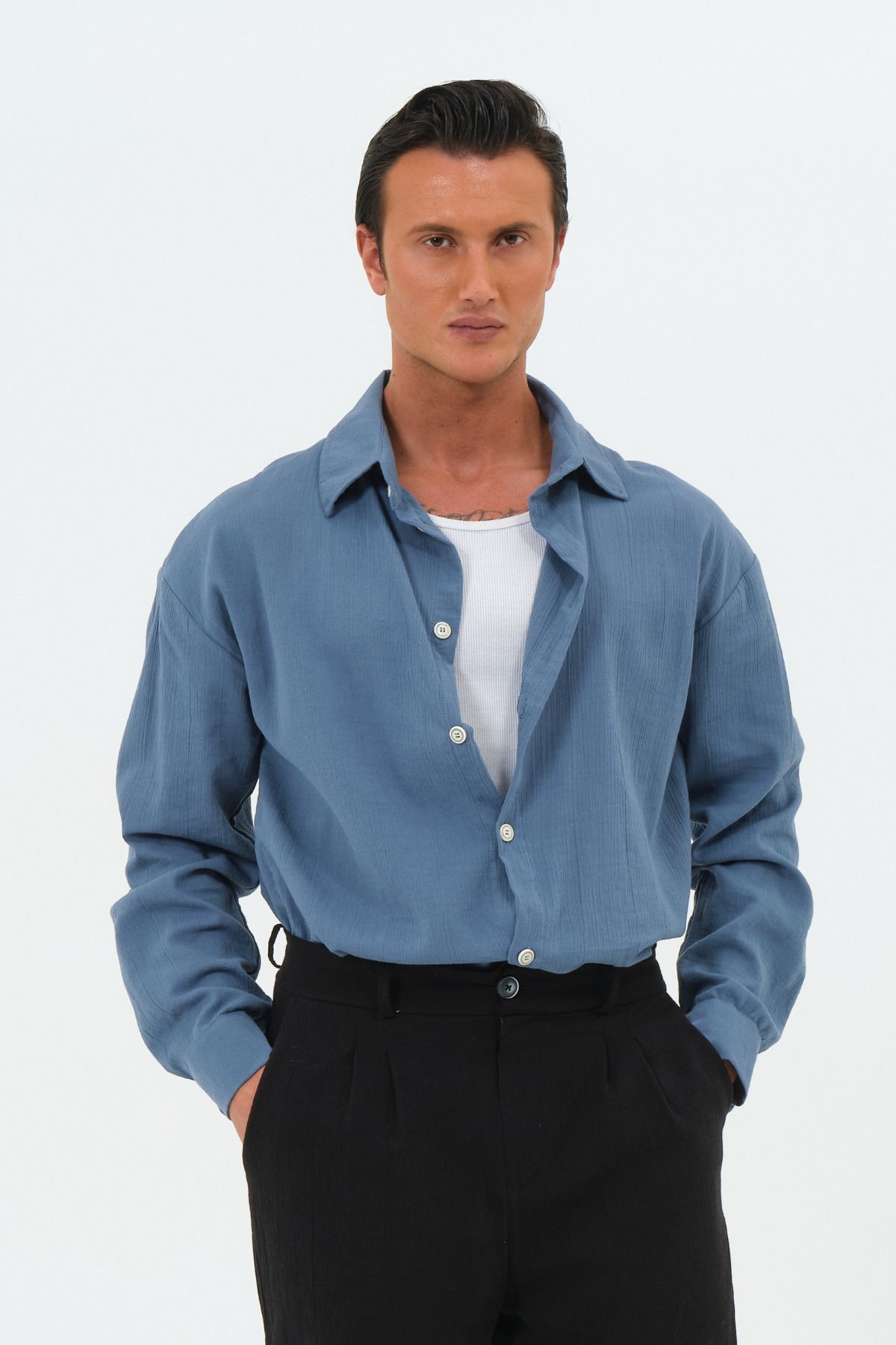 RELAXL %100 Pamuk Salaş Kesim Retro Yaka Oversize Gömlek İndigo Mavi