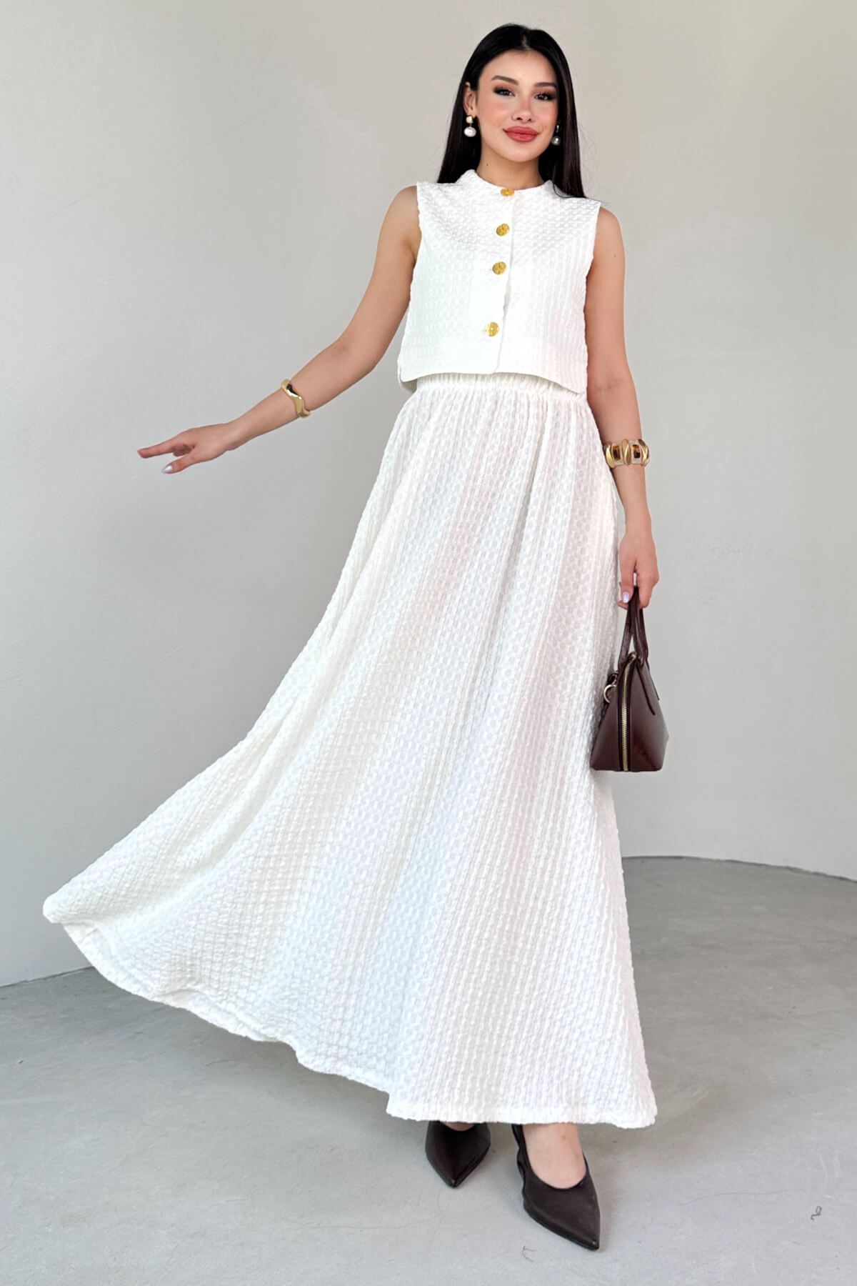 Cappmoda TKM-13295 Beyaz Bürümcük Kumaş Astarlı Yelek & Etek İkili Takım