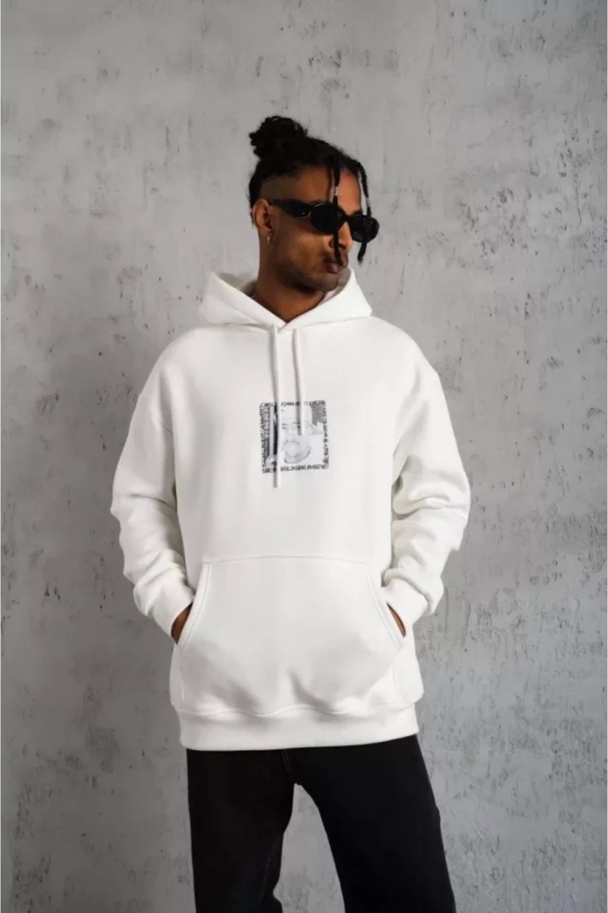 Silerra Erkek Ön Arka Baskılı Kapşonlu Sweat - Beyaz