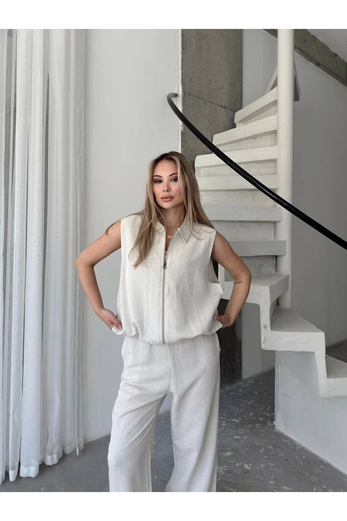 Pink Stil Keten Tam Fermuarlı Kolsuz Ceket Pantolon ikili Takım- Beyaz