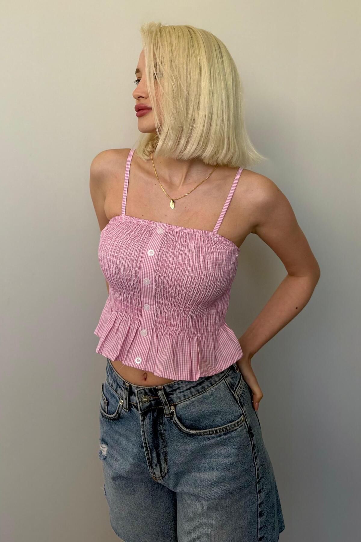 Madmext Pembe Ayarlanabilir Askı Pötikareli Crop Mg2371