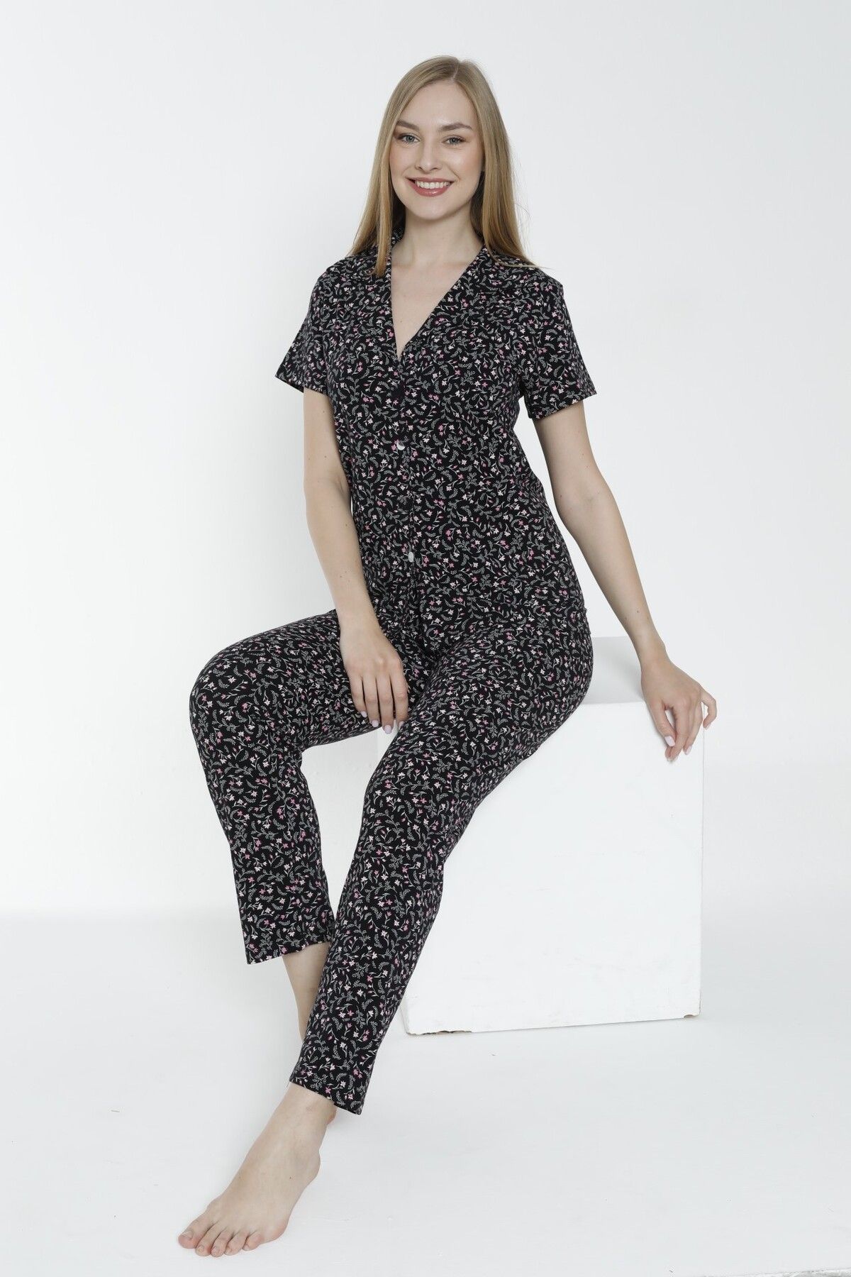 JENİKA Kadın Yazlık Kısa Kollu Gömlek Yaka Desenli Pamuklu Pijama Takımı