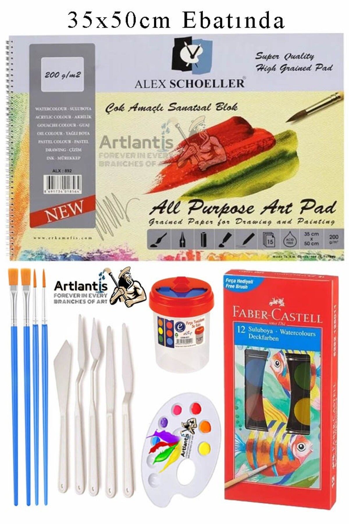 Artlantis Alex Schoeller Çok Amaçlı Sanatsal Blok 35x50 200 gr 15 Yaprak Faber 12 Renk Sulu Boya Plastik Spatu