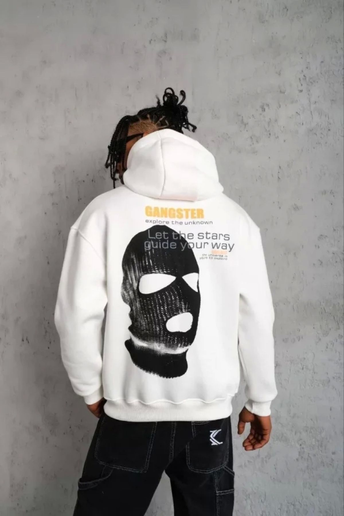 Silerra Erkek Kordonlu Maske Baskılı Kapüşonlu Sweat - Beyaz