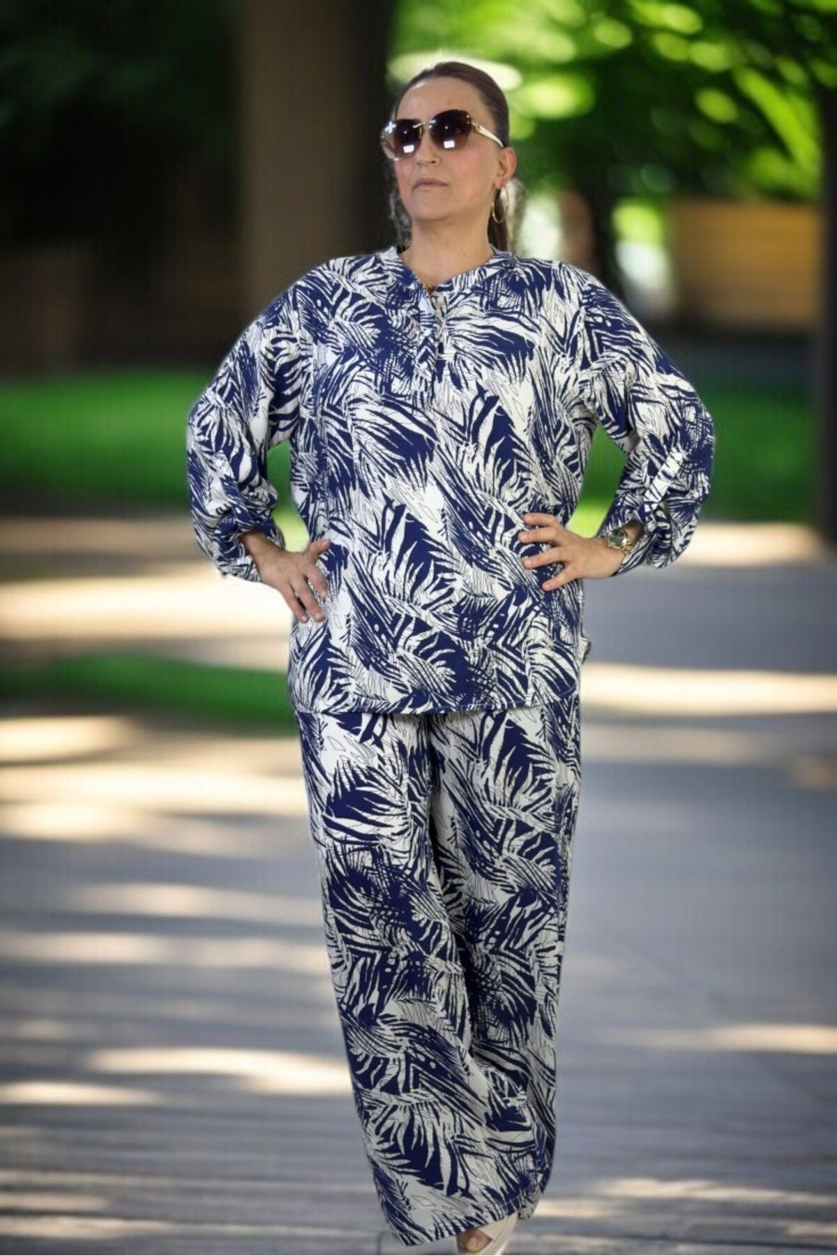 yagmurberen-Palm Print Front Half Buttoned Judge Collar Bluzel Belt Elastic Waist Trousers Large Size Double Set 5