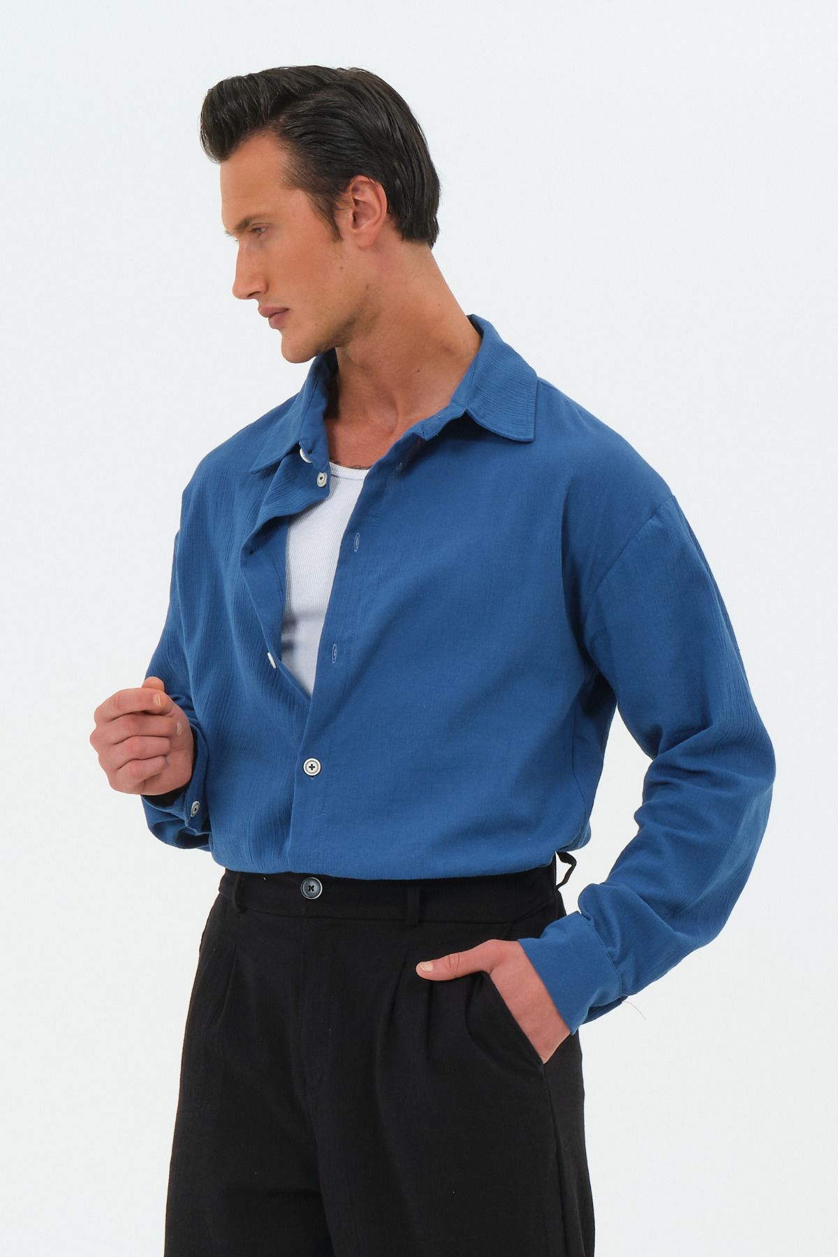 RELAXL %100 Pamuk Şile Bezi Retro Yaka Oversize Erkek Gömlek Saks Mavi