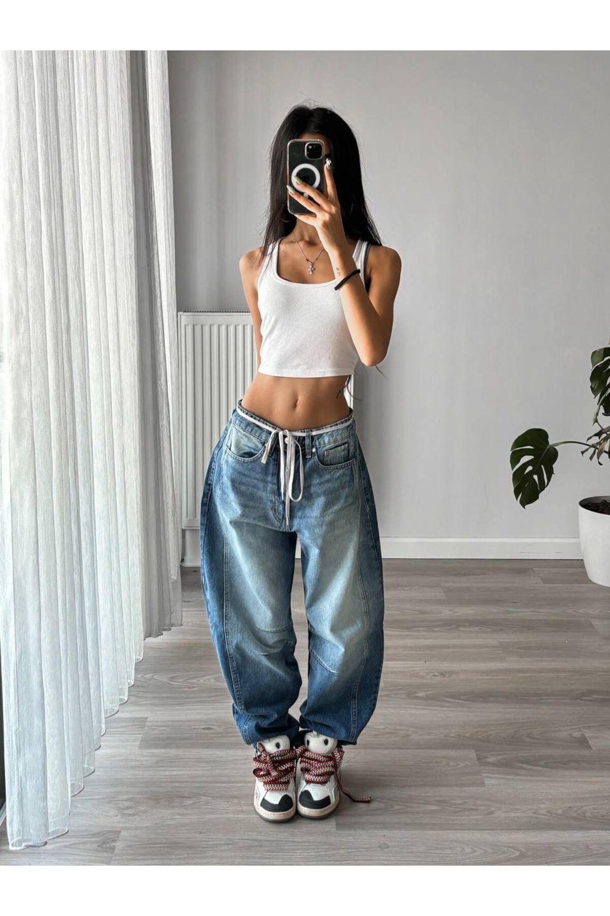 holmwear Büzgü Bağcıklı Yüksek Bel Bacak Detaylı Yıkamalı Denim Baggy Jean Pantolon