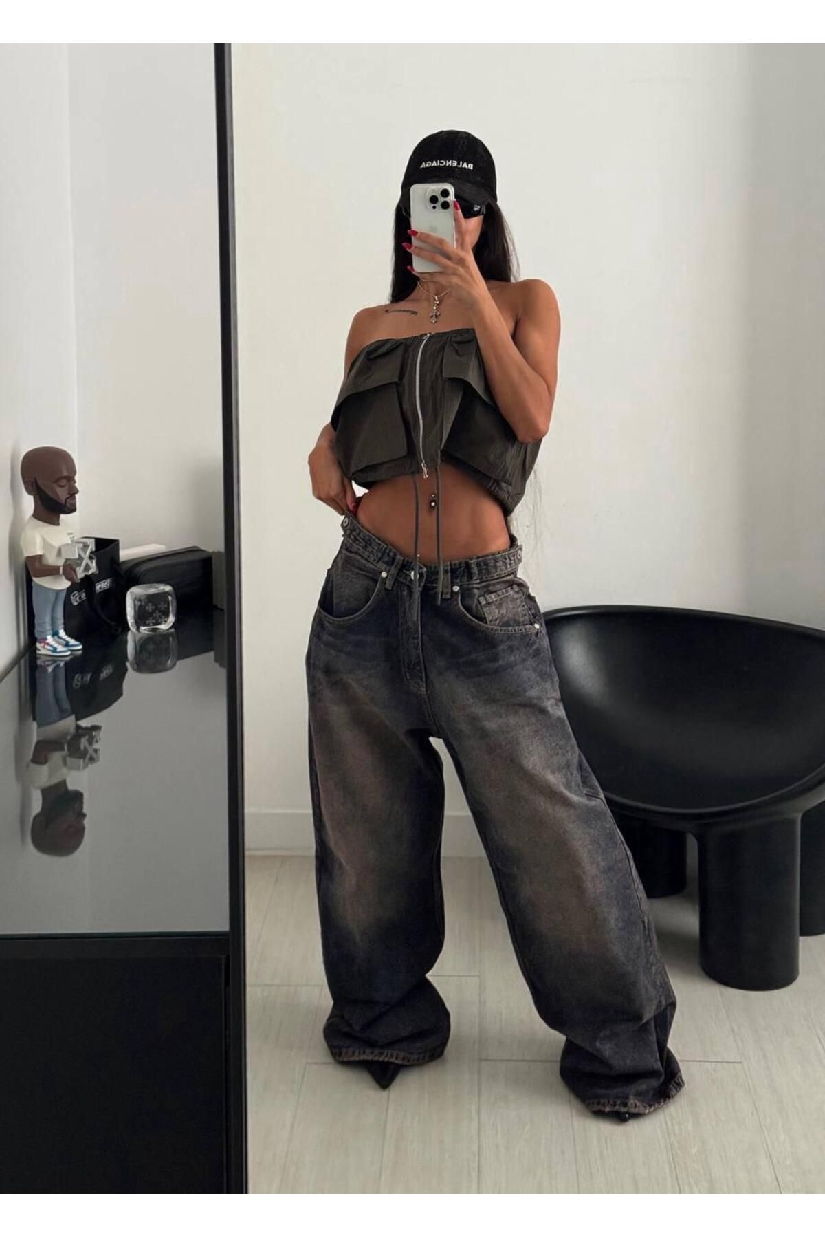 holmwear Siyah Yıkamalı Kemer Detaylı Bol Paça Super Baggy Jean Pantolon