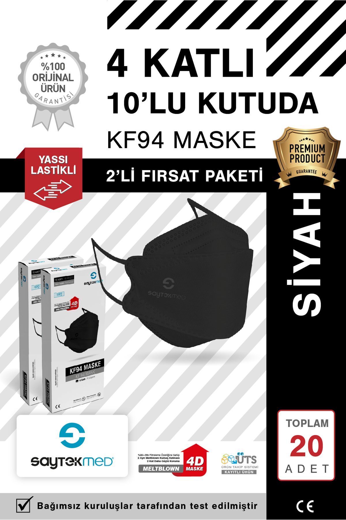 SAYTEKMED KF94 Kore Tipi, 4 katlı, SİYAH Maske, Tekli Paket, UV Steril (2 Kutu/ 20 Adet)