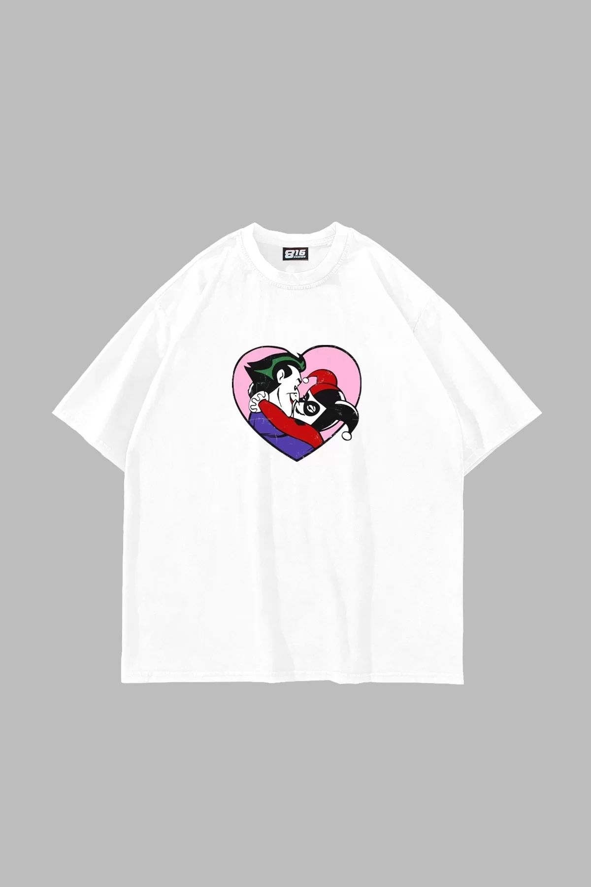 Bak Moda Joker&Harley Baskılı Oversize Unisex Beyaz Tshirt