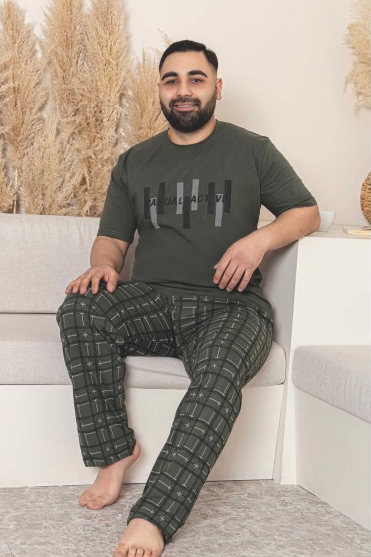 Farya Home Büyük Beden Pamuklu Cepli Kısa Kollu Erkek Pijama Takımı