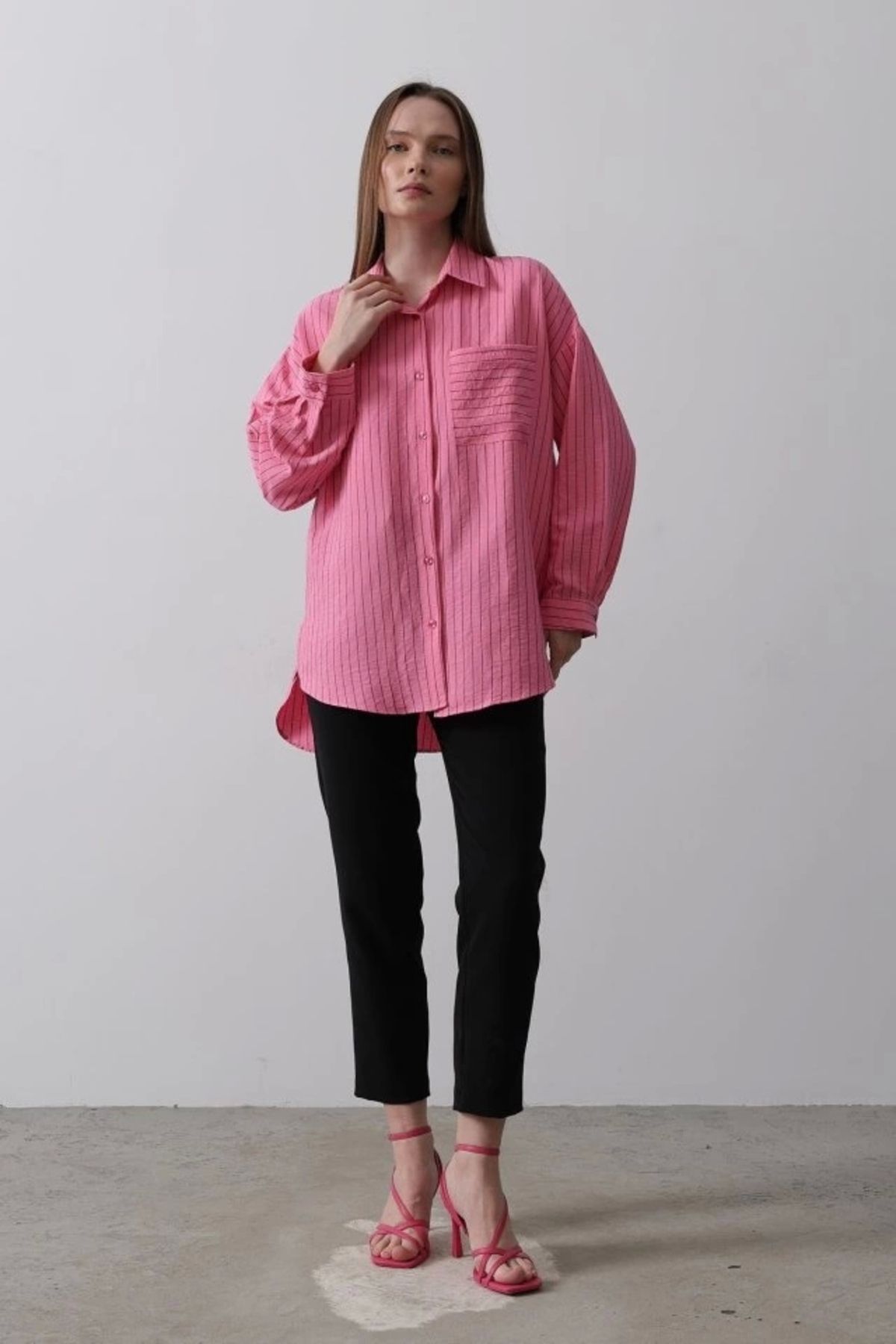 Silerra Çizgili Tek Cep Gömlek - Pembe