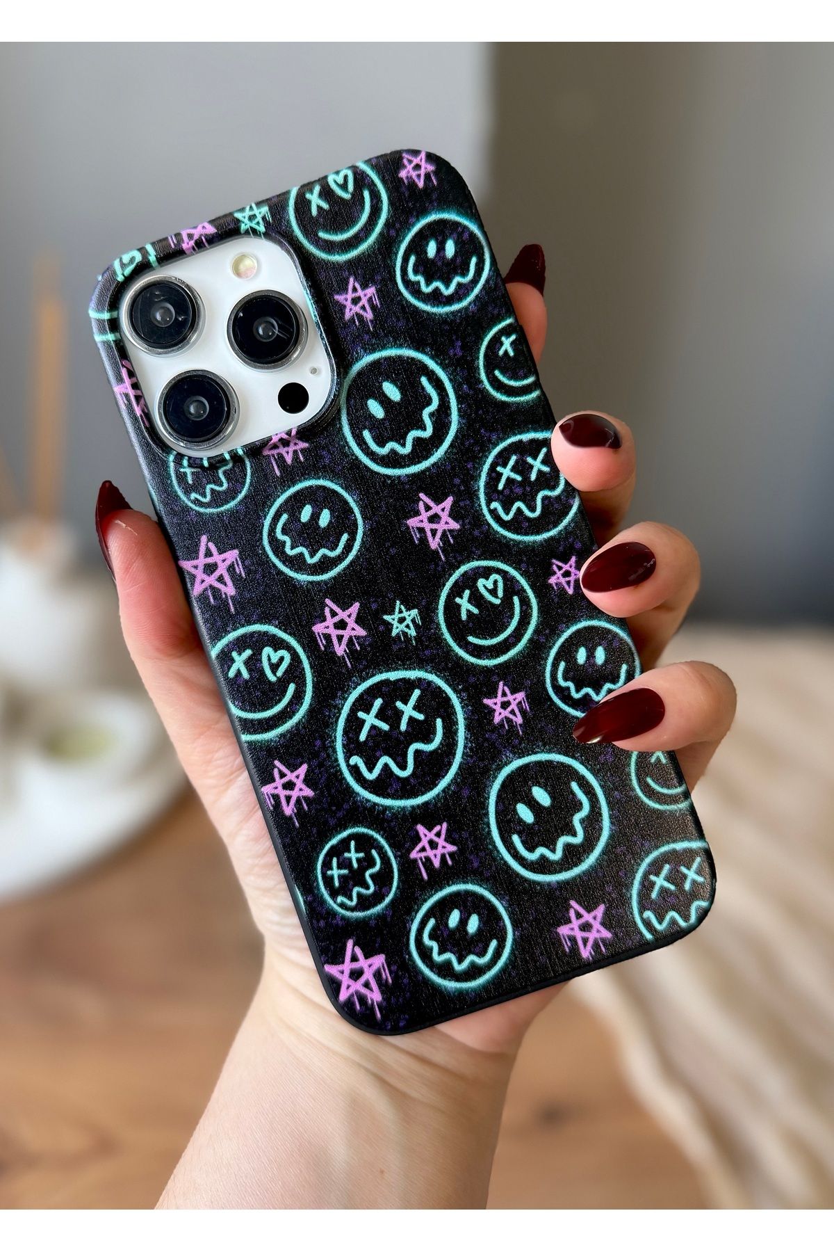 MirazTasarim IPHONE 14 PROMAX SİYAH YILDIZ/SMİLE DESENLİ KILIF