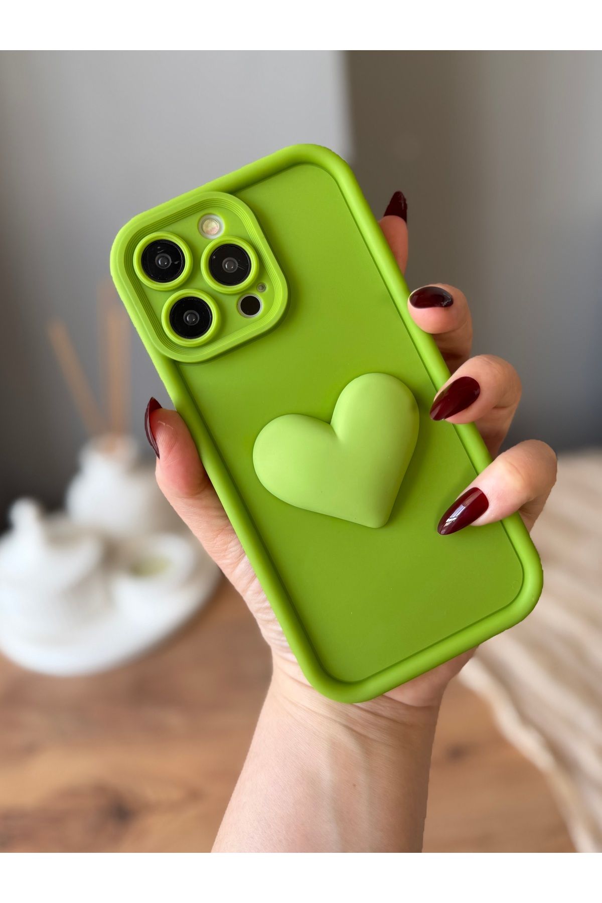 MirazTasarim IPHONE 14 PROMAX 3D KALP DEKORLU YEŞİL KILIF