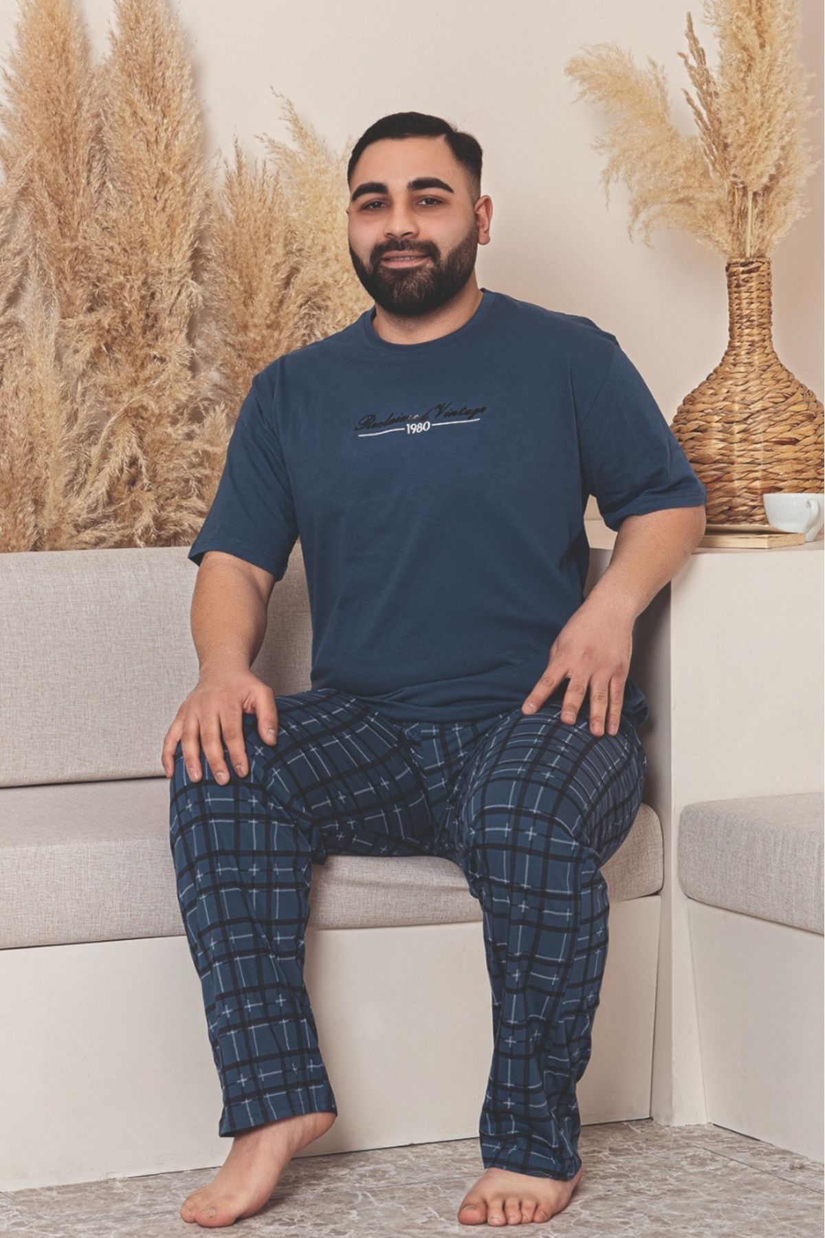 Farya Home Büyük Beden Pamuklu Cepli Kısa Kollu Erkek Pijama Takımı