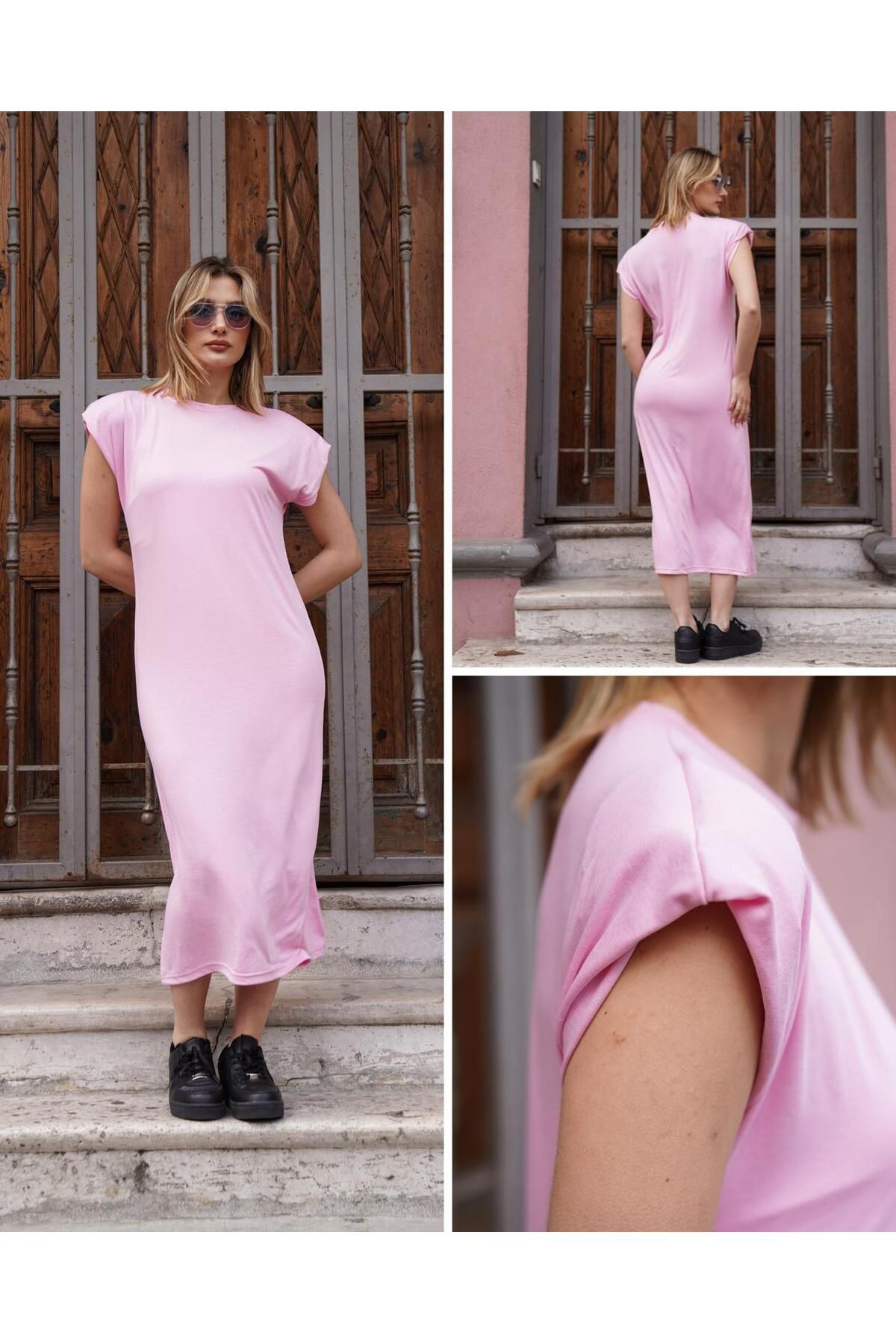 Güler Casual Yırtmaç Detaylı Modal Kumaş Elbise Pembe Renk