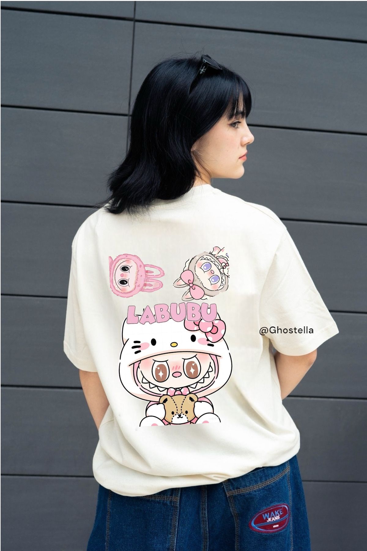 Minga London Bej Pink Sweety Labubu Ön Baskılı Unisex Oversize Tshirt - Ghostella