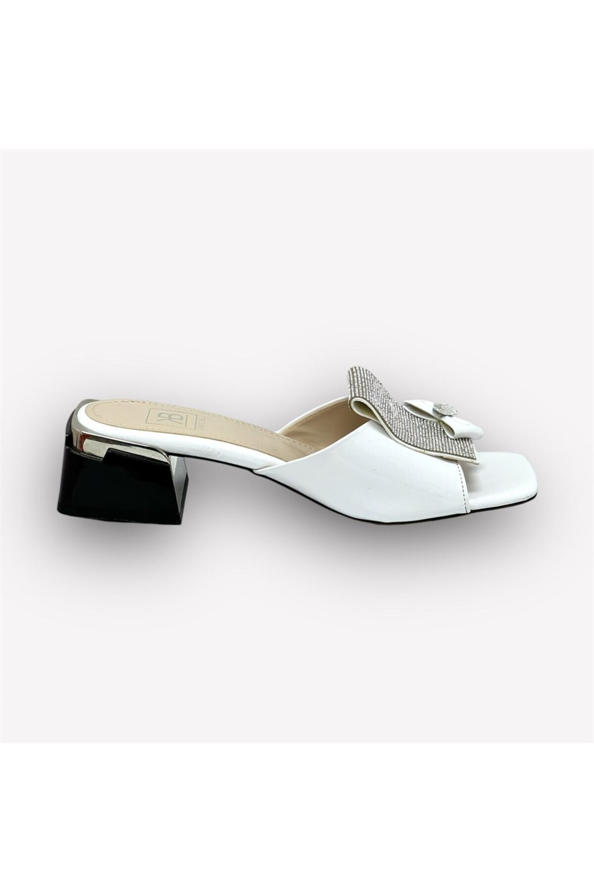 KRISTE BELL-1007 Patent Leather White Women's Square and Ribbon Buckle Heel Slippers 4