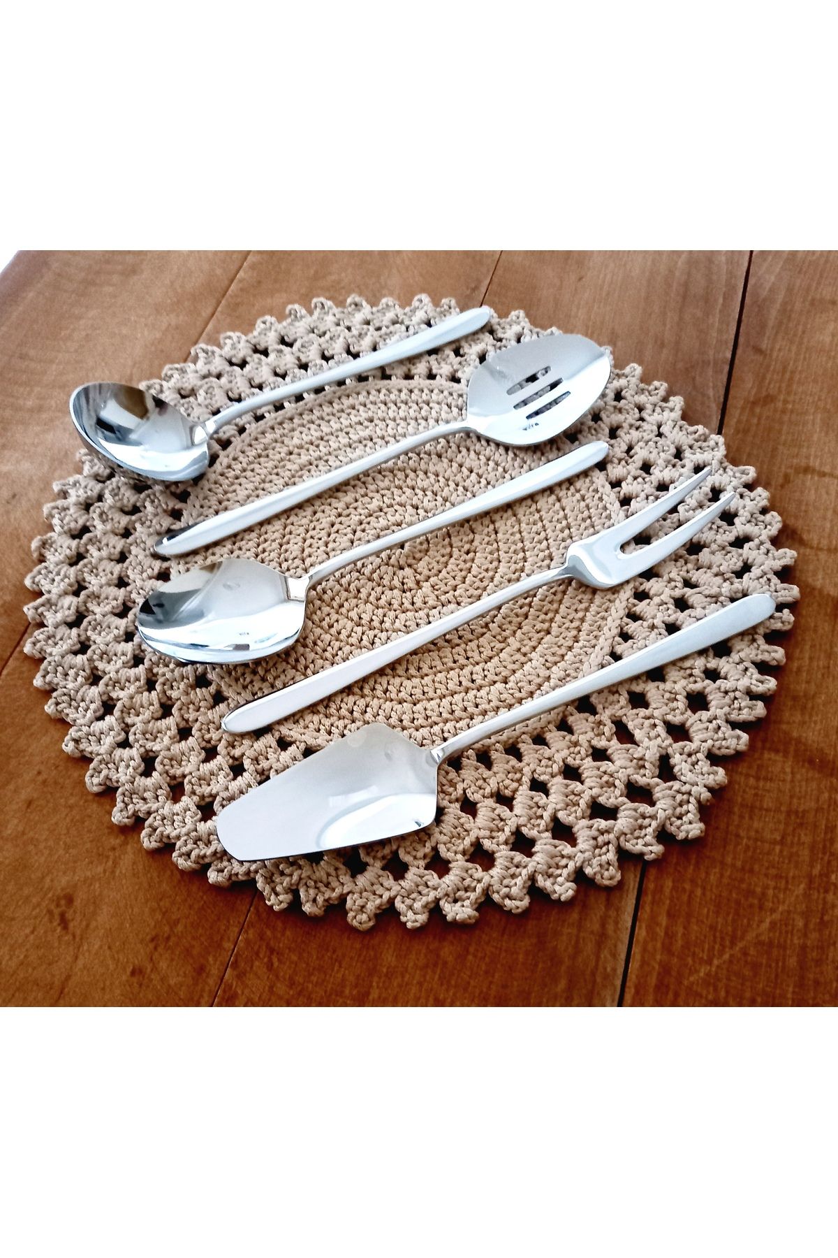 BERMİRA Home Collection 5 Parça Sos Sunum Servis Takımı Gümüş 18/10 Kalite Kepçe Kevgir Kaşık Çatal Spatula