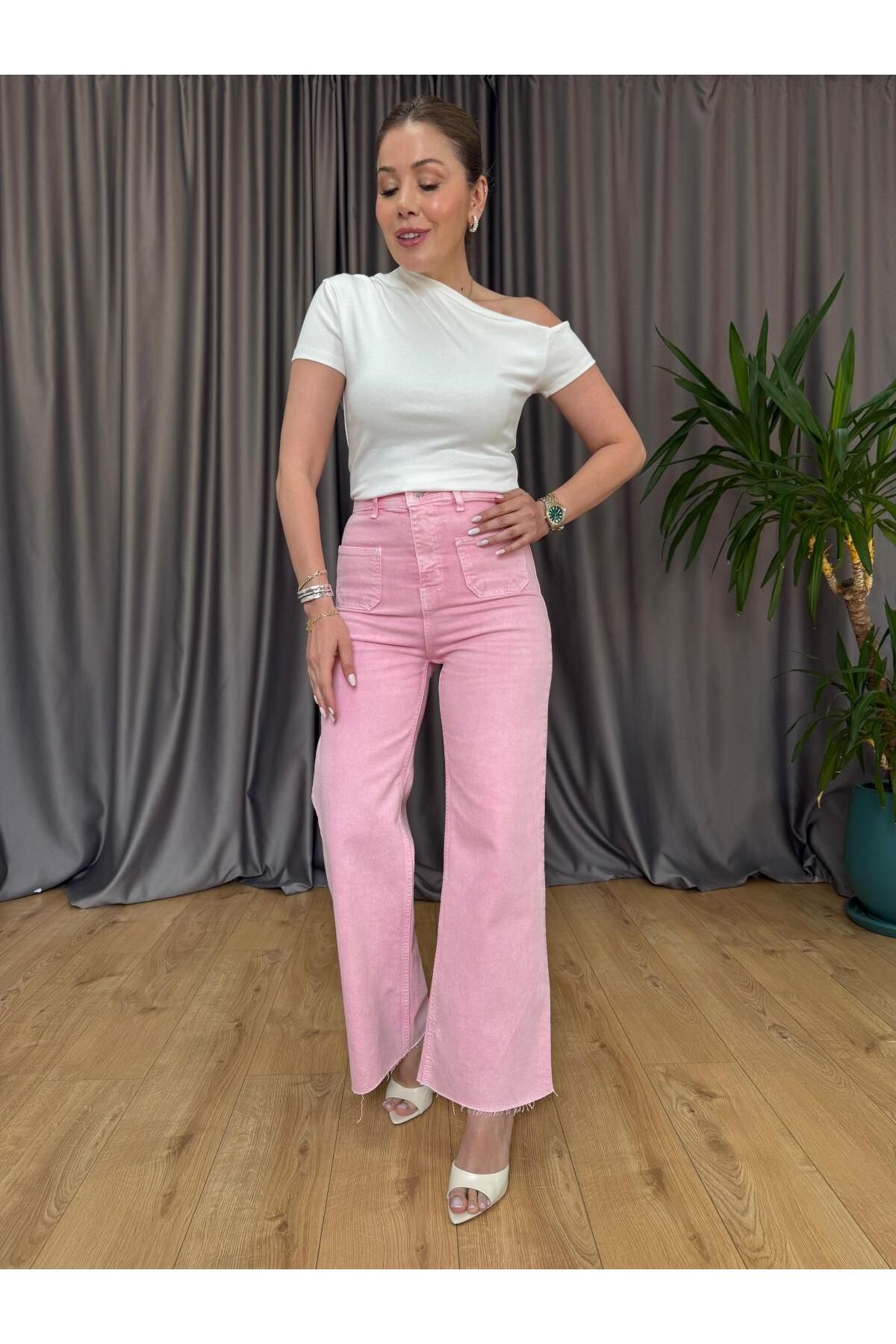 Size Özgü Orj. Marka Pembe Bol Paça Flare Jean