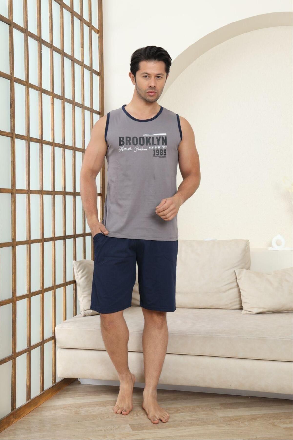 PİJAMUS Erkek Pamuklu Sıfır Kollu Şortlu Pijama Takımı