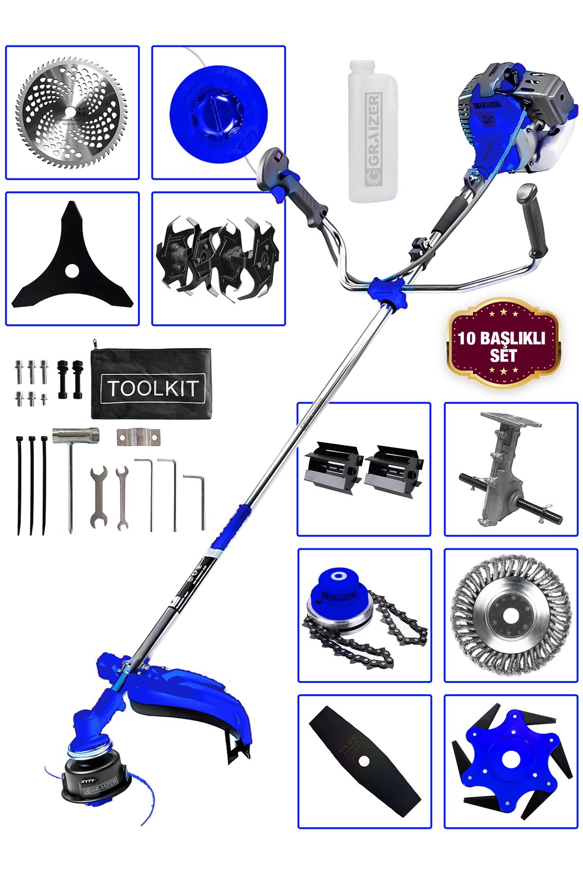 Graizer Powerforge 11 Başlıklı Set Yan Tipi Benzinli Motorlu Ot Çalı Tırpanı Çim Biçme Makinesi Tırpan-Mavi