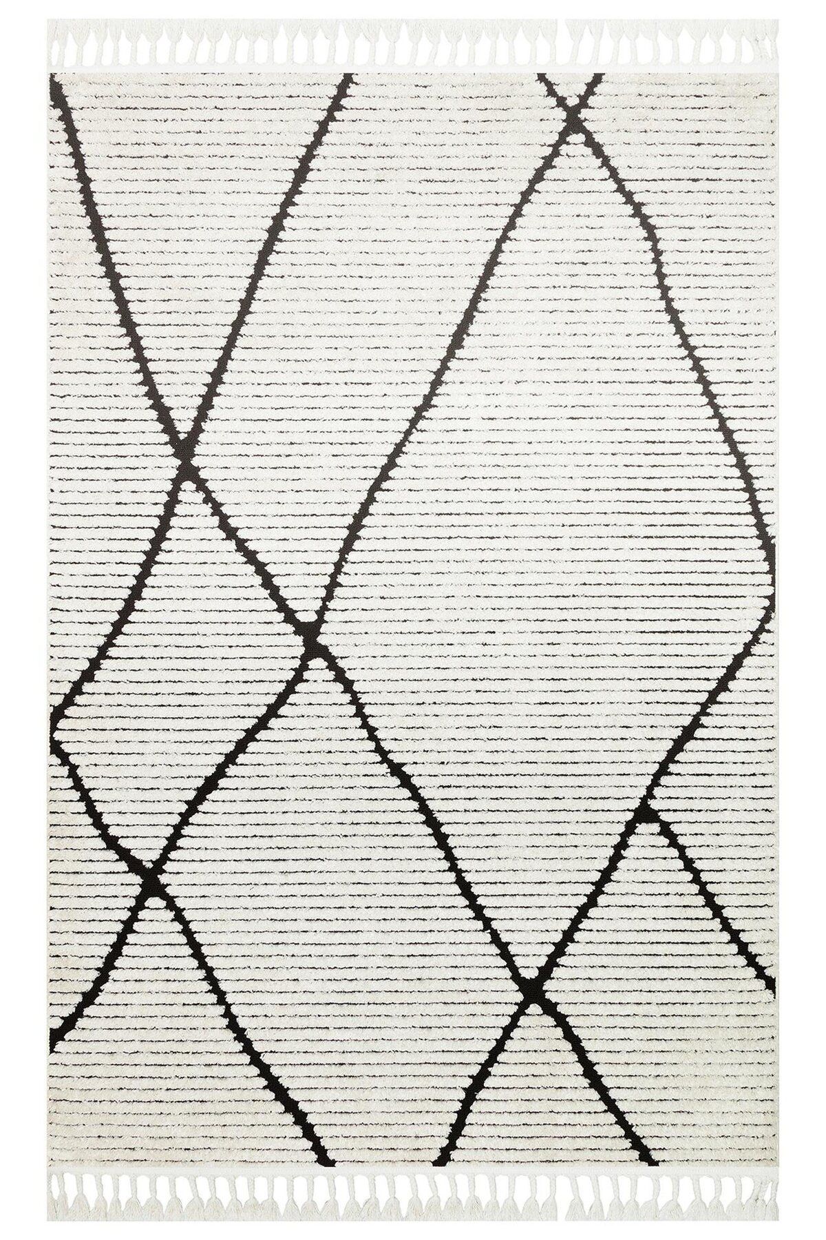 Halımax Eko Halı Terazzo TRZ 07 White Black Hav Toz Vermez Yumuşak Parlak Tuşeli Kabartmalı Halı Yolluk
